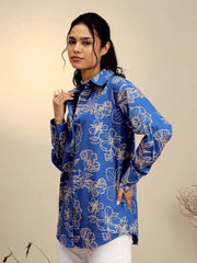 Women Blue Poplin Floral Regular Shirt