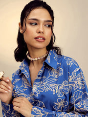 Women Blue Poplin Floral Regular Shirt