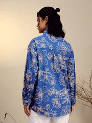 Women Blue Poplin Floral Regular Shirt