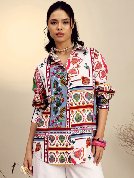 Women White Poplin Multi Patch Print Regular Shirt