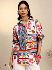Women White Poplin Multi Patch Print Regular Shirt