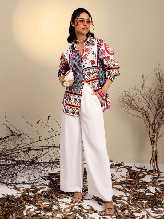 Women White Poplin Multi Patch Print Regular Shirt