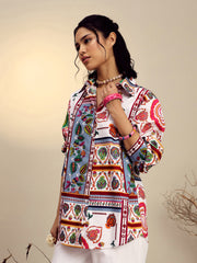 Women White Poplin Multi Patch Print Regular Shirt