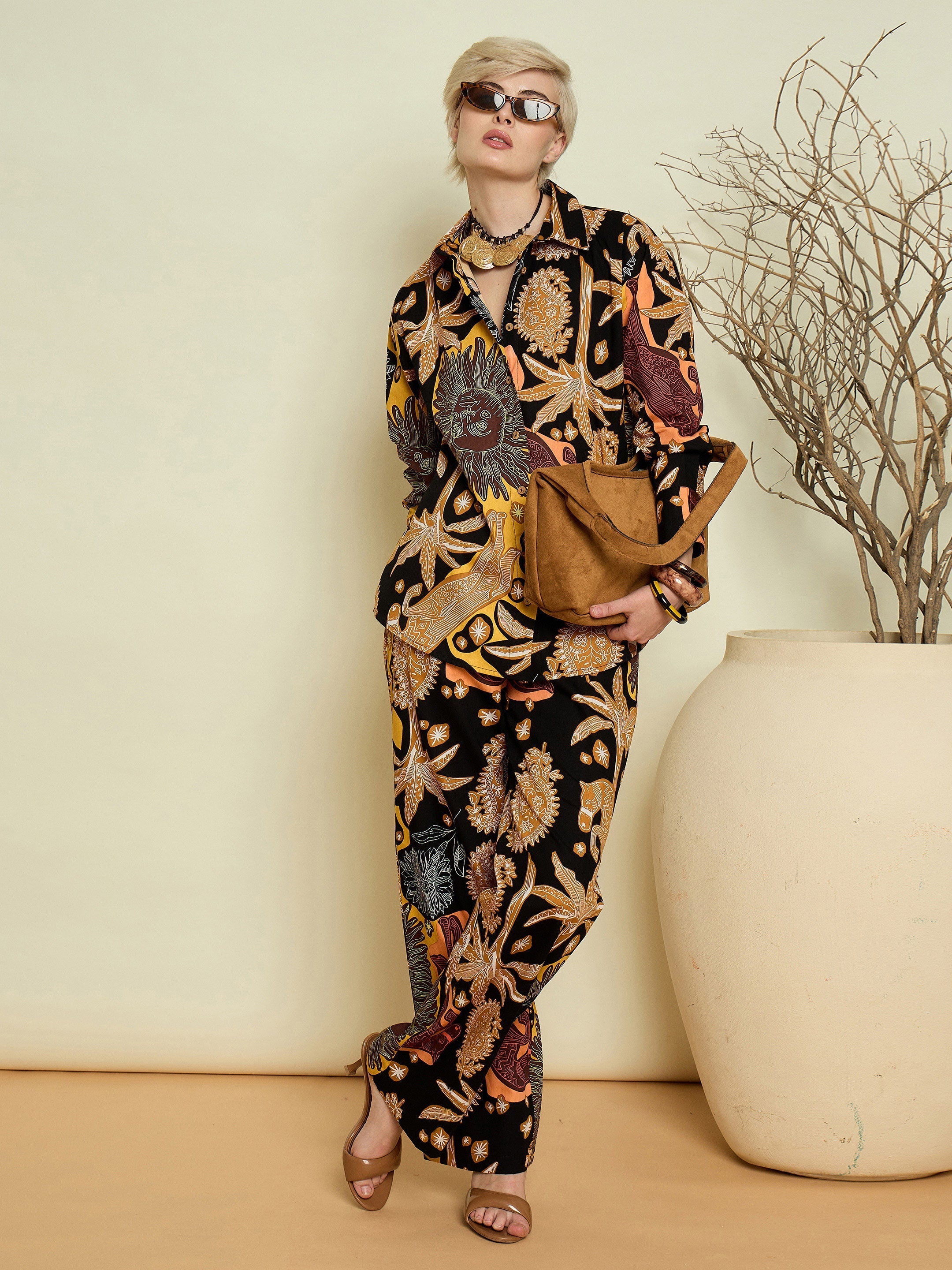 Black Boho Printed Regular Shirt Pink Paprika By SASSAFRAS