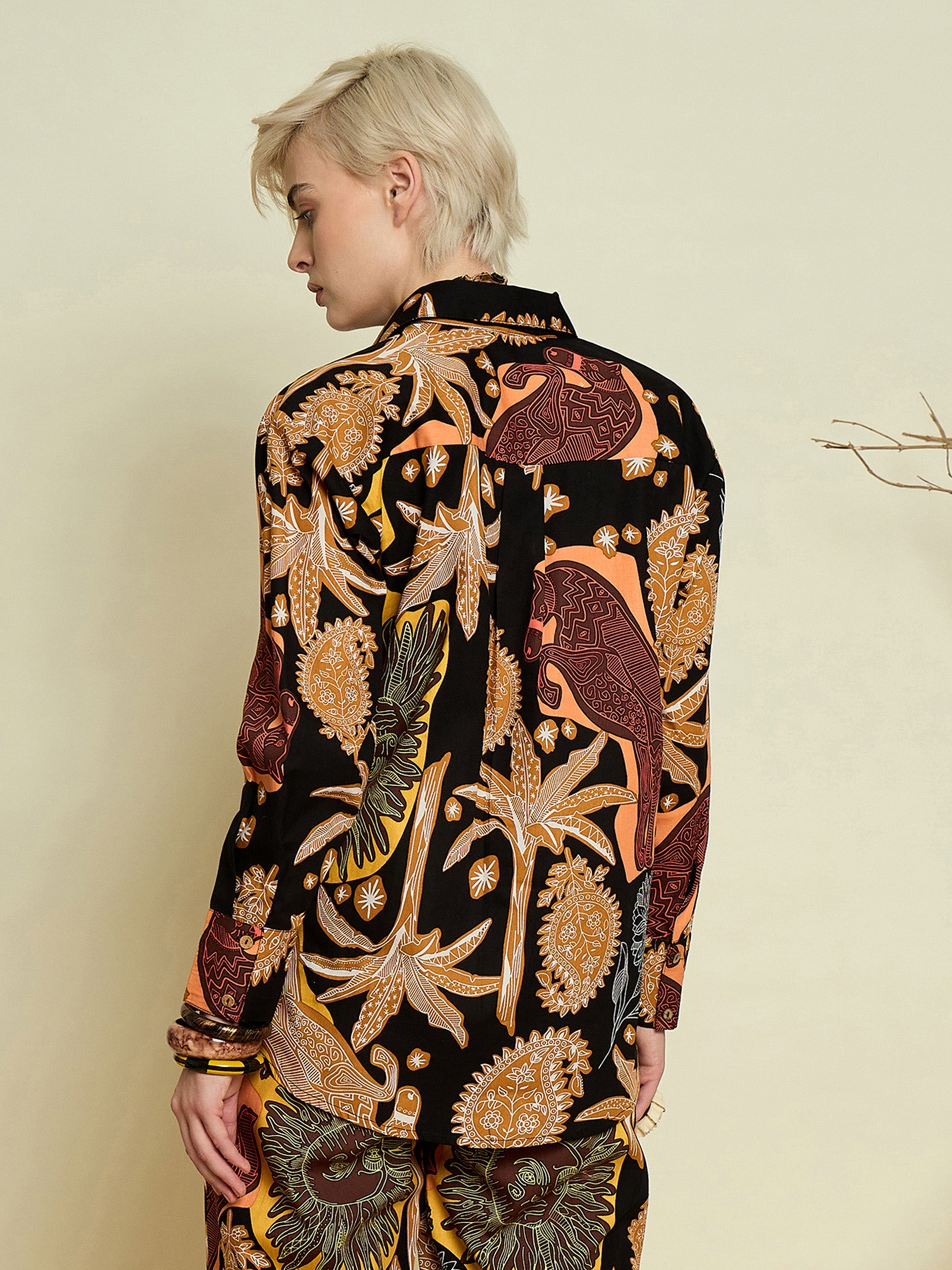 Black Boho Printed Regular Shirt Pink Paprika By SASSAFRAS