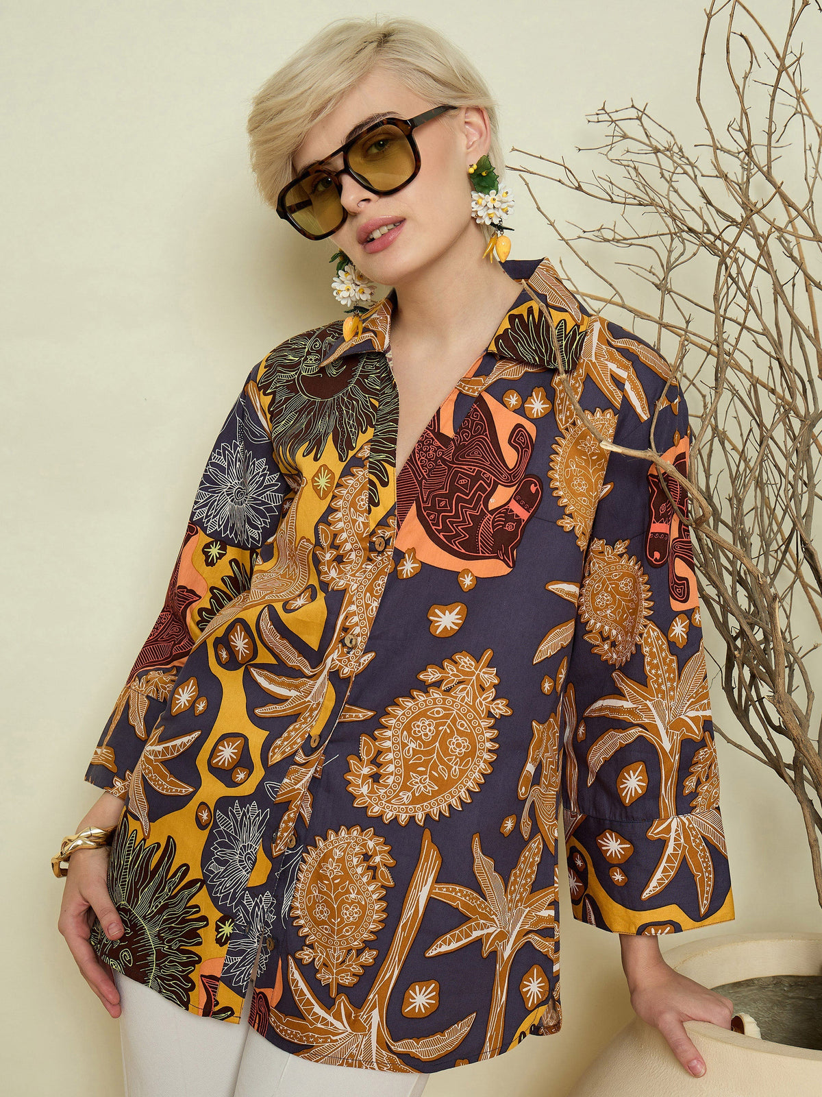 Grey Boho Printed Bell Sleeves Regular Shirt Pink Paprika By SASSAFRAS