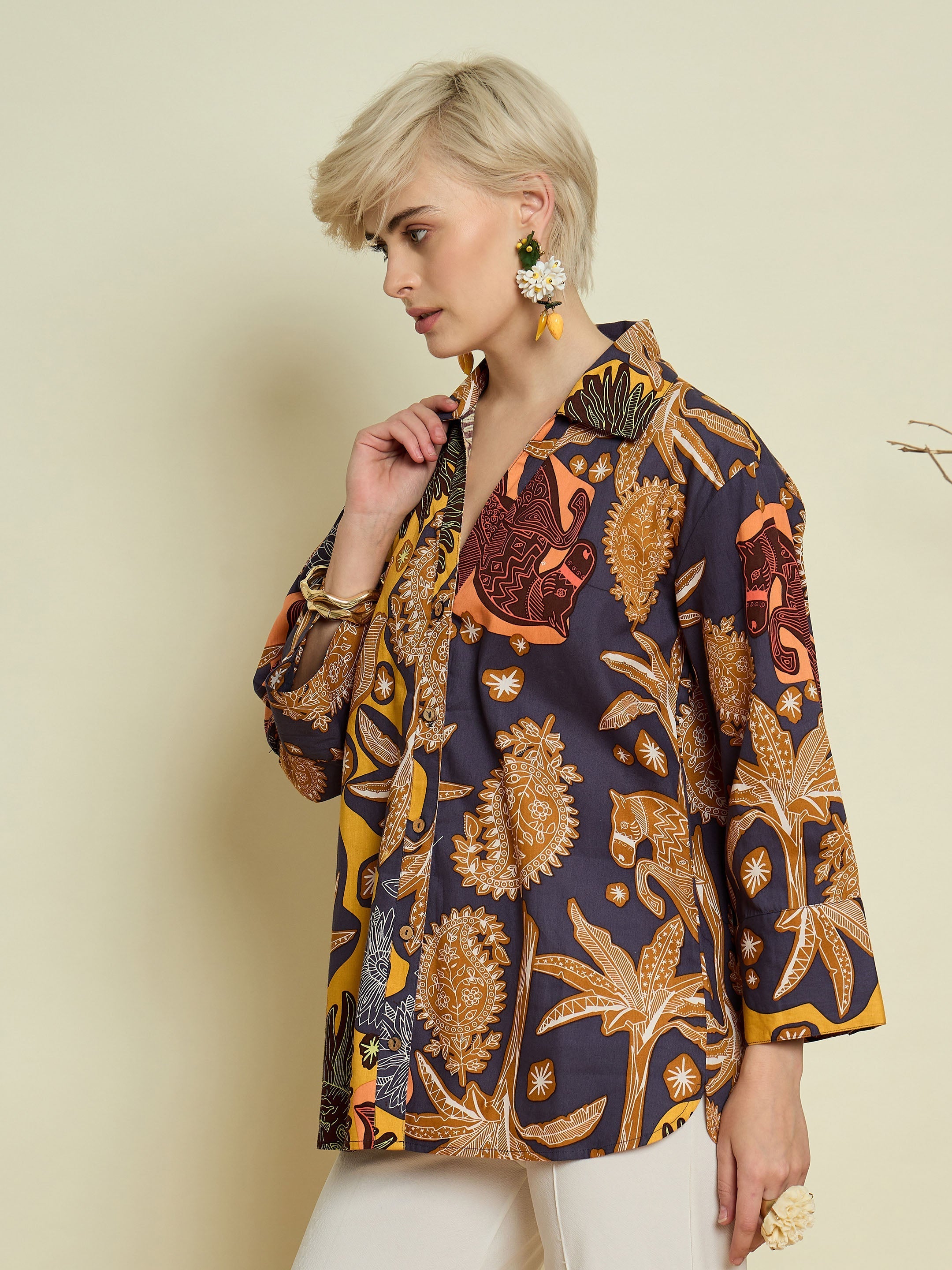 Grey Boho Printed Bell Sleeves Regular Shirt Pink Paprika By SASSAFRAS