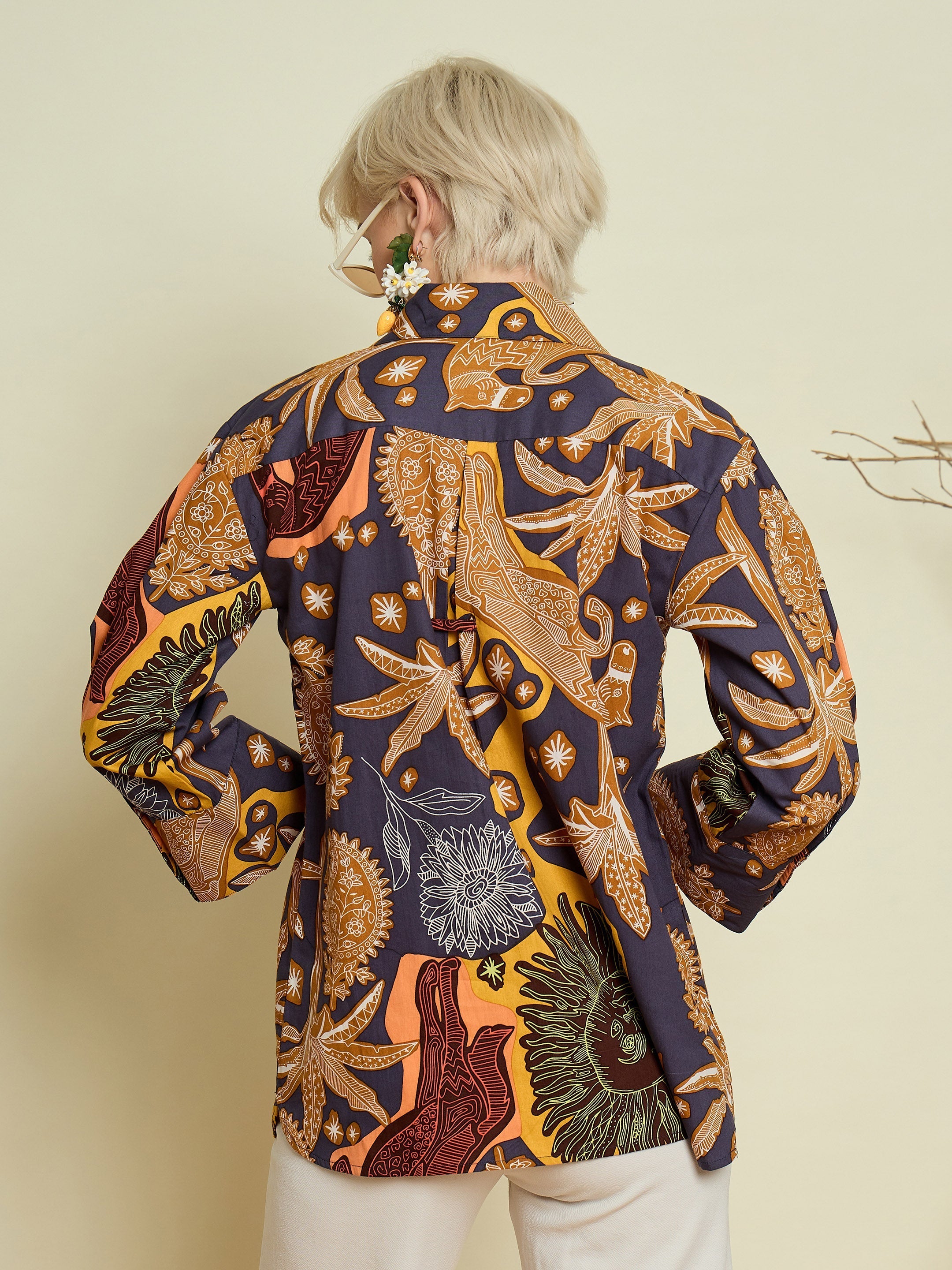 Grey Boho Printed Bell Sleeves Regular Shirt Pink Paprika By SASSAFRAS