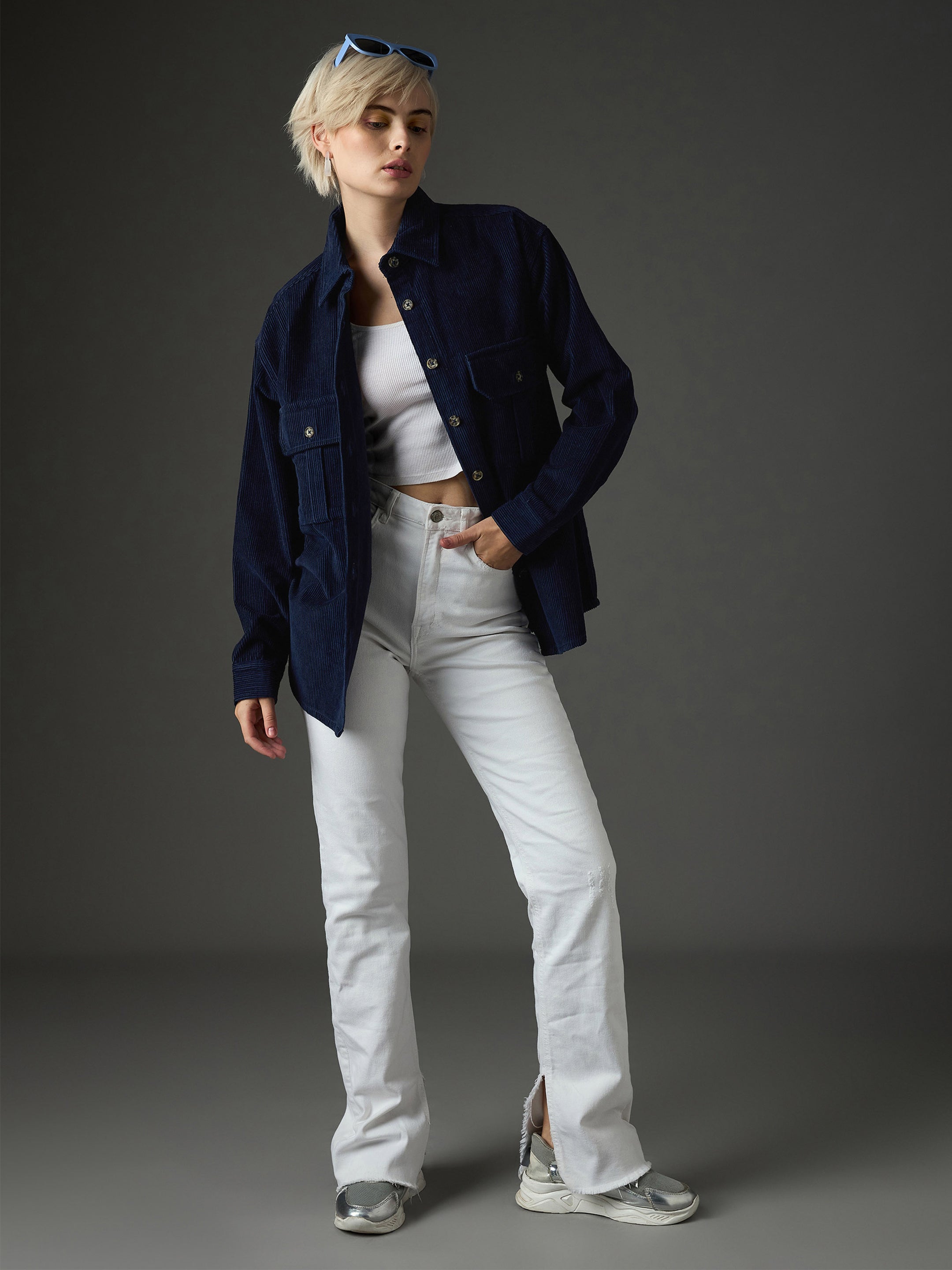 navy blue corduroy oversized shirt sassafras