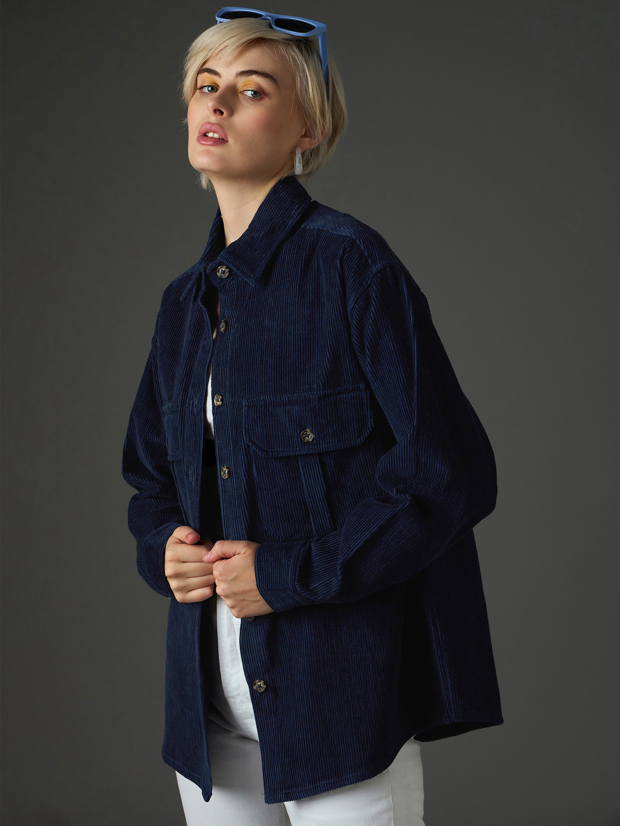 navy blue corduroy oversized shirt sassafras