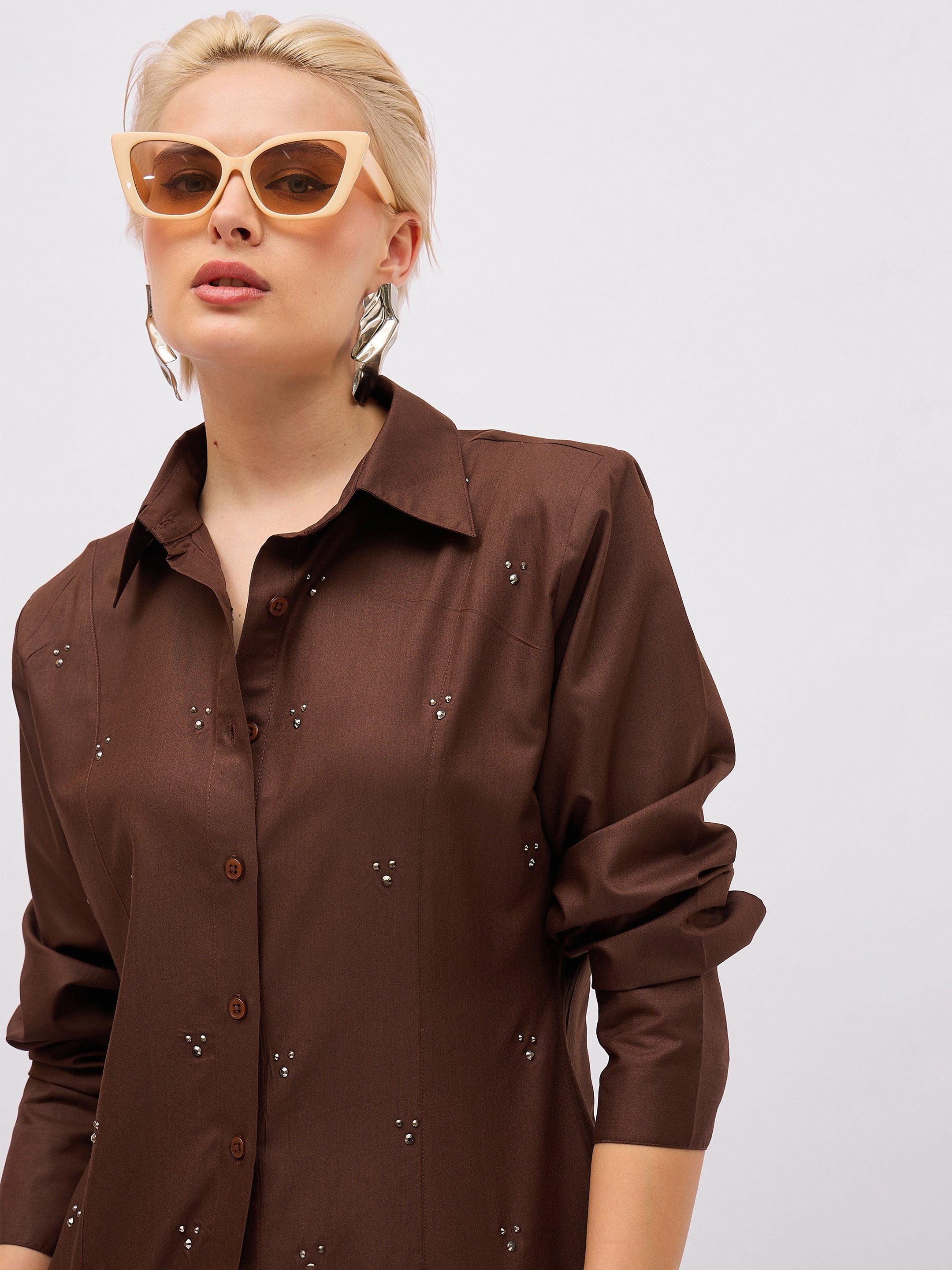 coffee brown front studded slim fit shirt sassafras