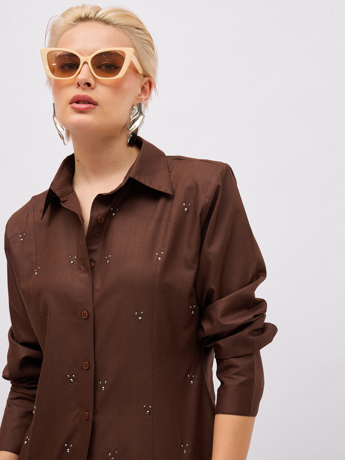 coffee brown front studded slim fit shirt sassafras