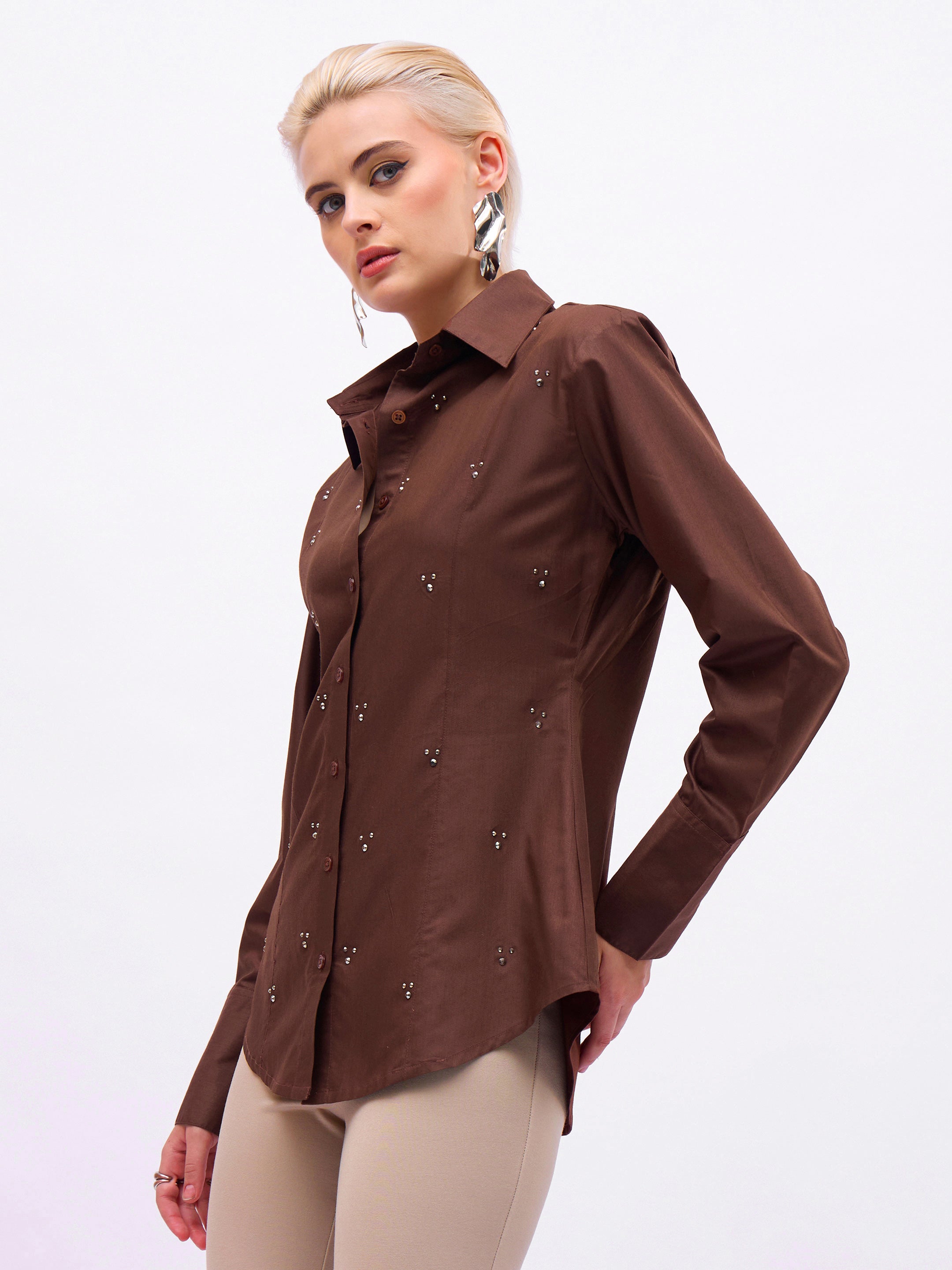 coffee brown front studded slim fit shirt sassafras
