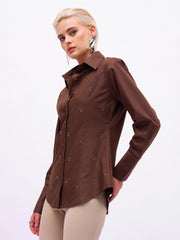 coffee brown front studded slim fit shirt sassafras