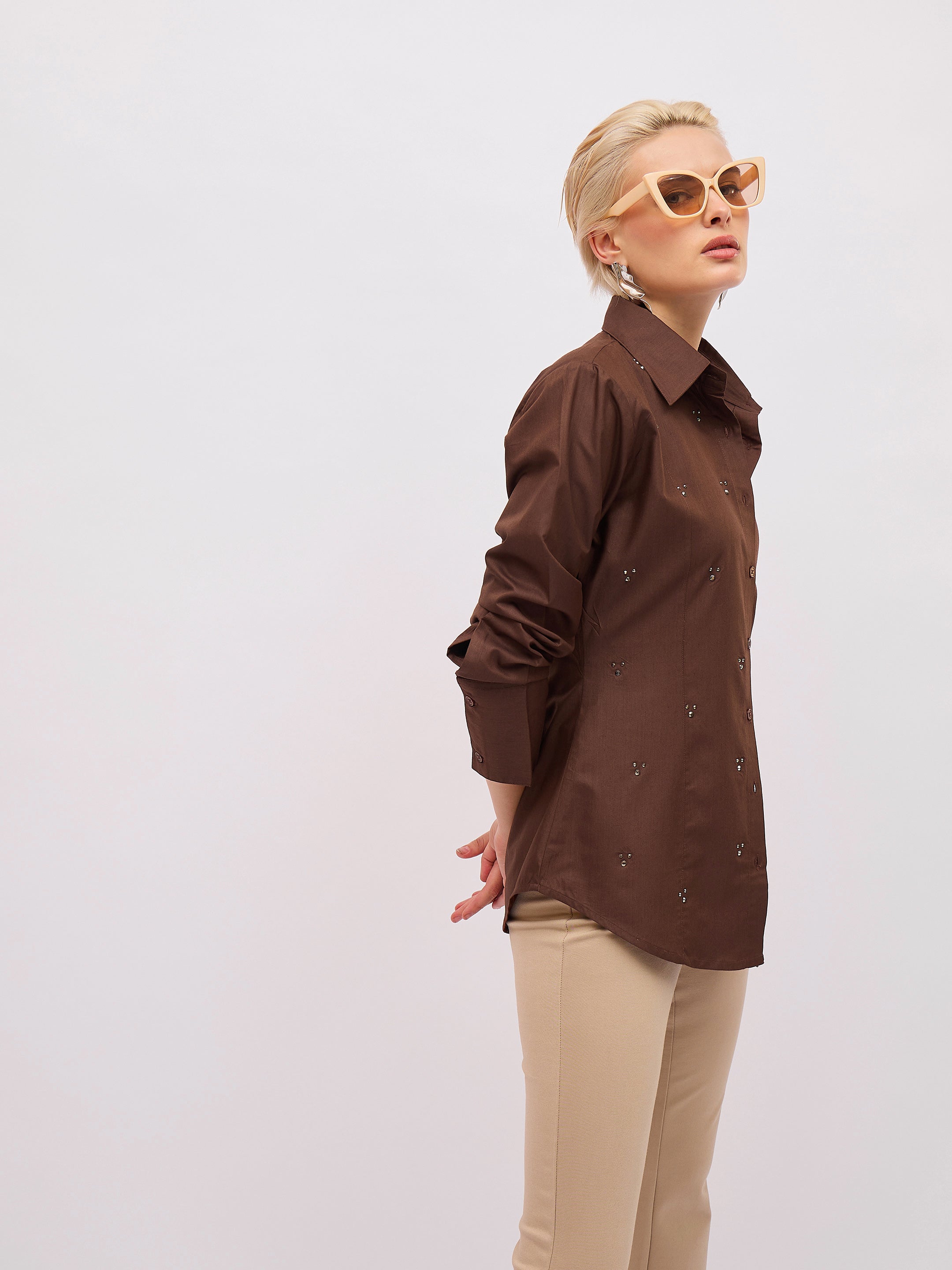 coffee brown front studded slim fit shirt sassafras