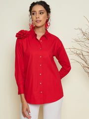 Red Poplin Shoulder Corsage Regular Shirt Pink Paprika By SASSAFRAS