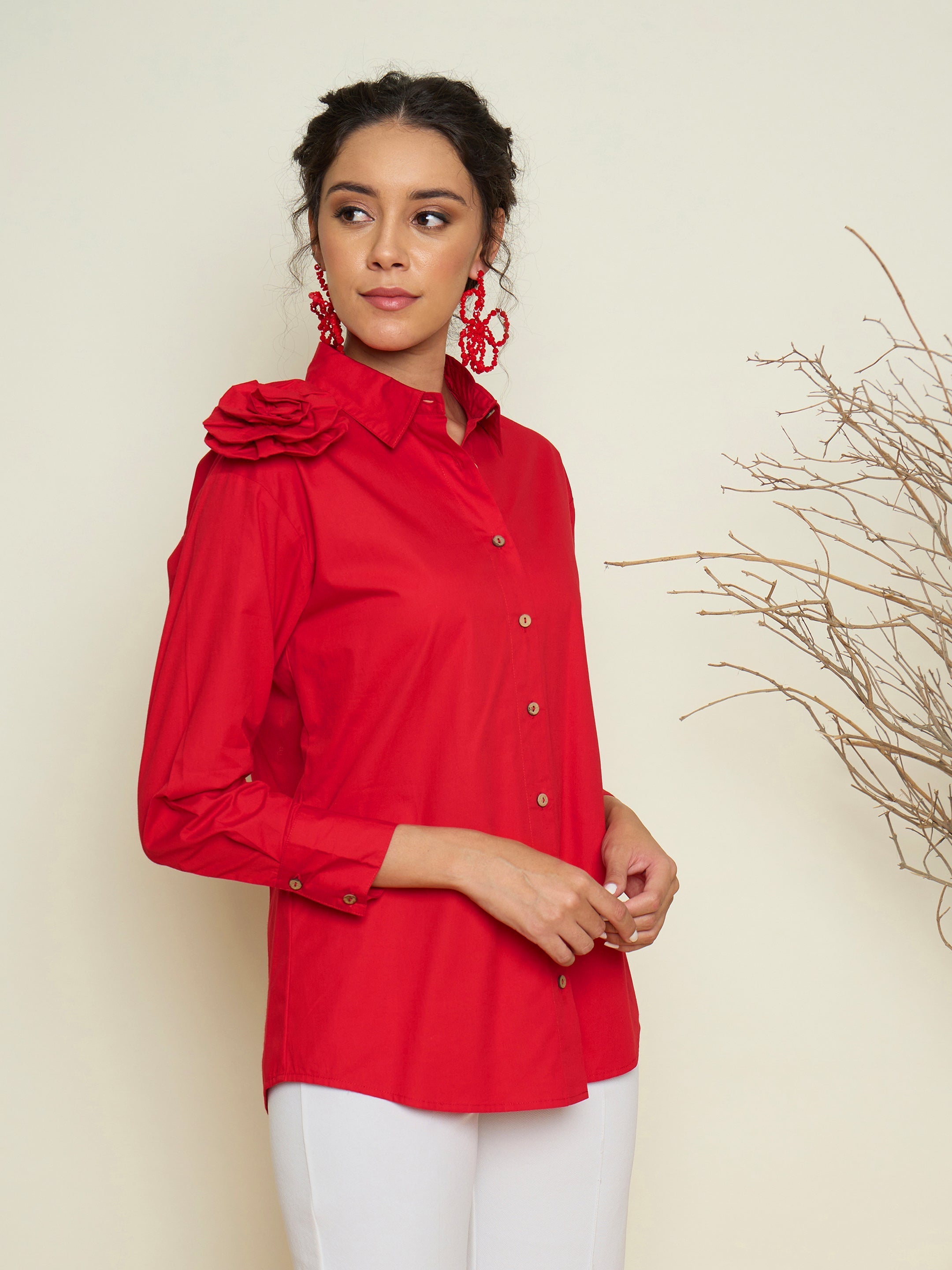 Red Poplin Shoulder Corsage Regular Shirt Pink Paprika By SASSAFRAS