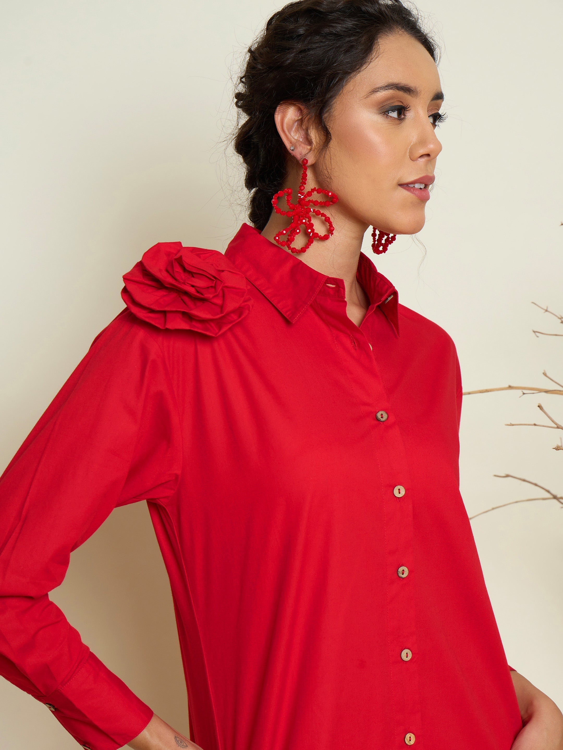 Red Poplin Shoulder Corsage Regular Shirt Pink Paprika By SASSAFRAS
