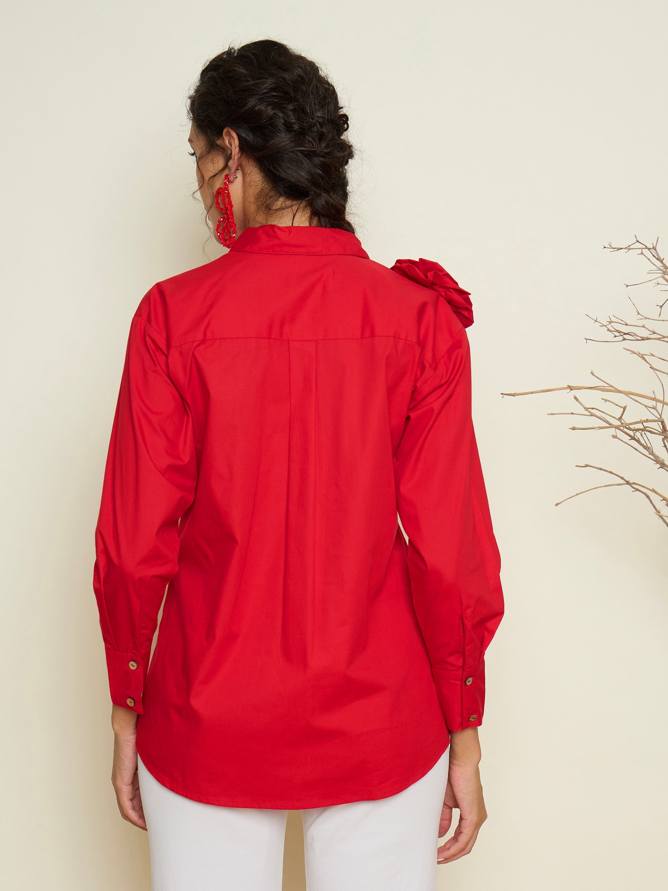 Red Poplin Shoulder Corsage Regular Shirt Pink Paprika By SASSAFRAS