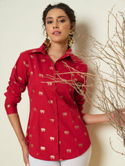 Fuchsia Foil Print Shoulder Padded Slim Fit Poplin Shirt Pink Paprika By SASSAFRAS