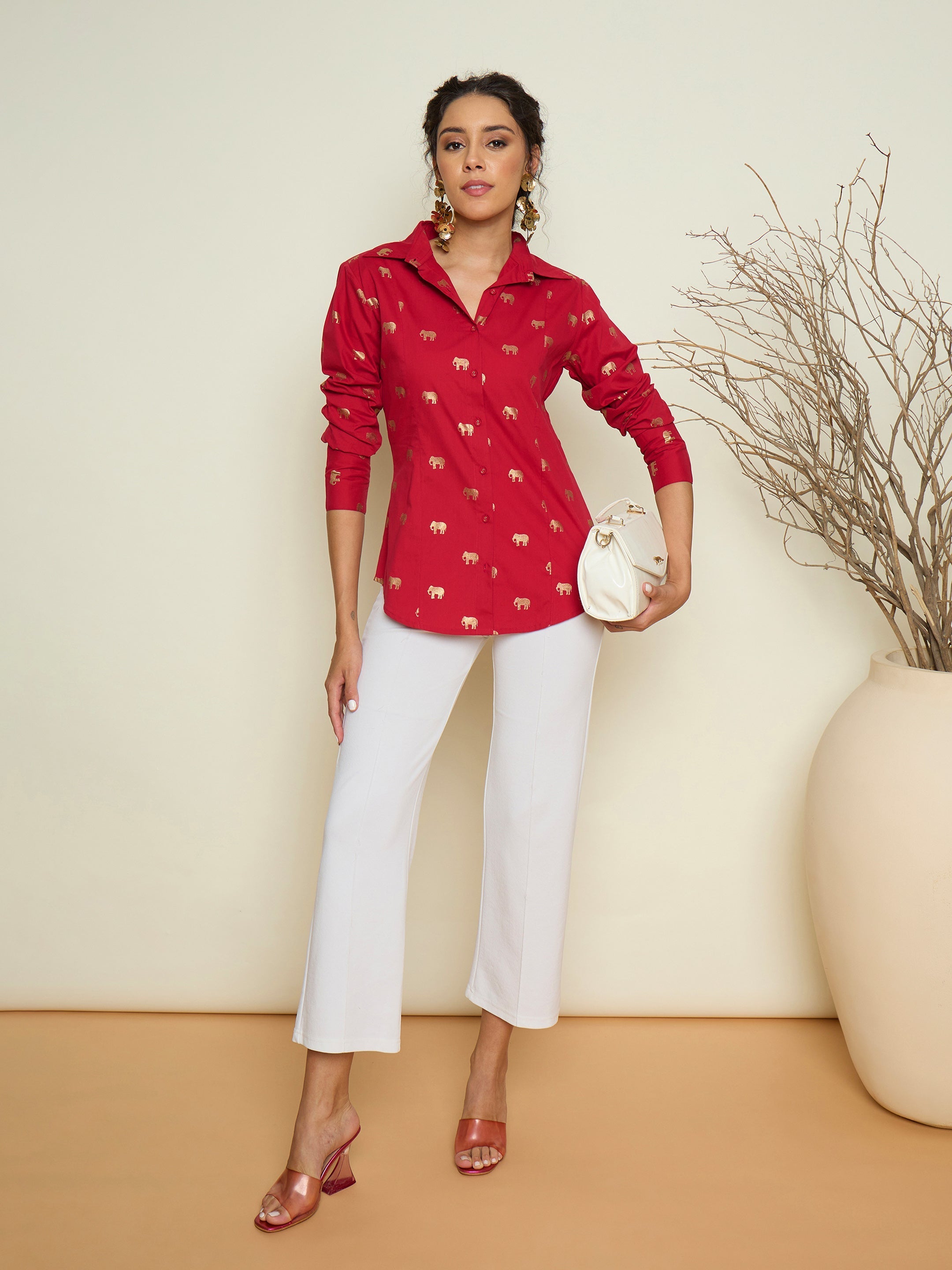 Fuchsia Foil Print Shoulder Padded Slim Fit Poplin Shirt Pink Paprika By SASSAFRAS