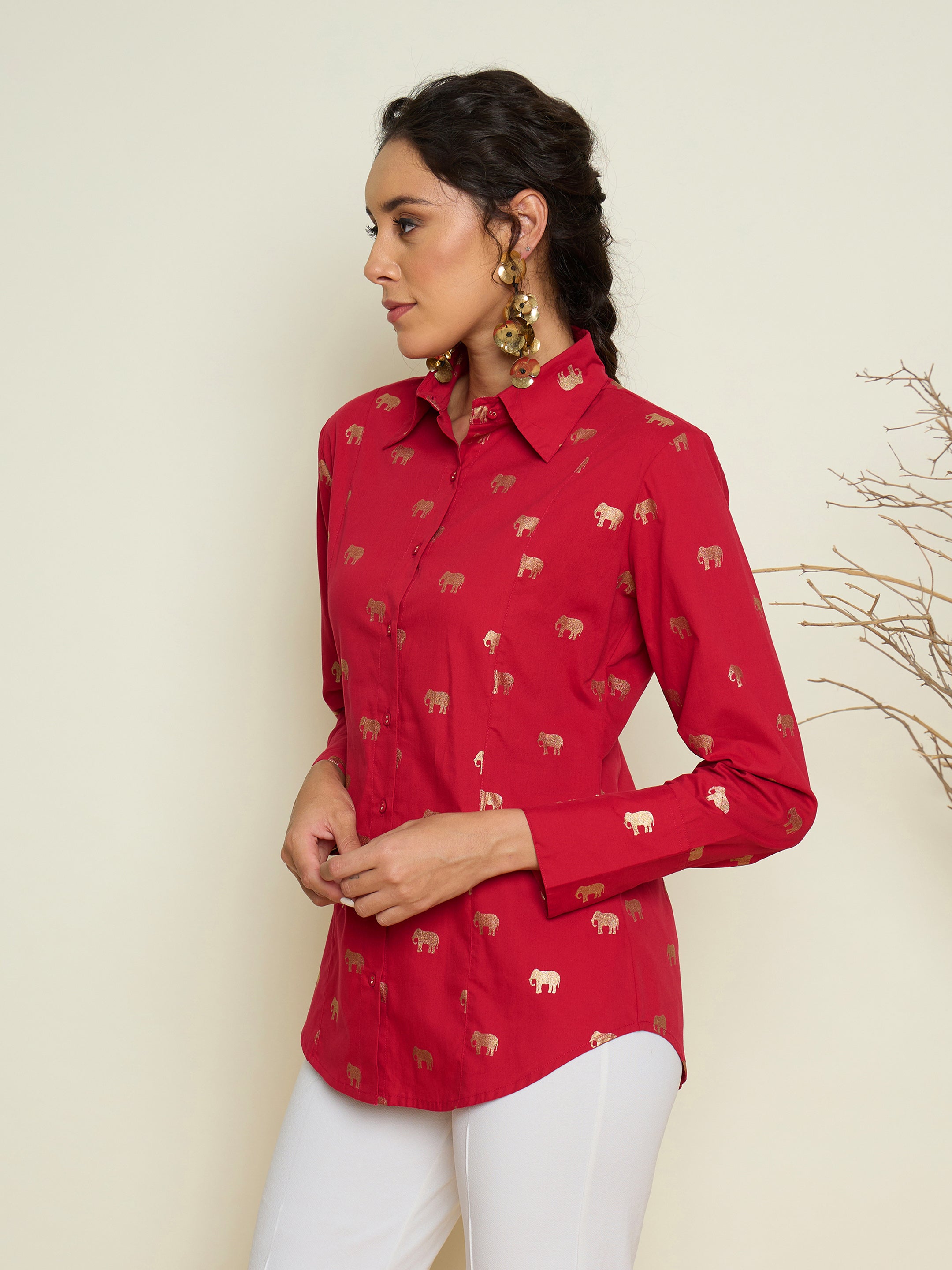 Fuchsia Foil Print Shoulder Padded Slim Fit Poplin Shirt Pink Paprika By SASSAFRAS