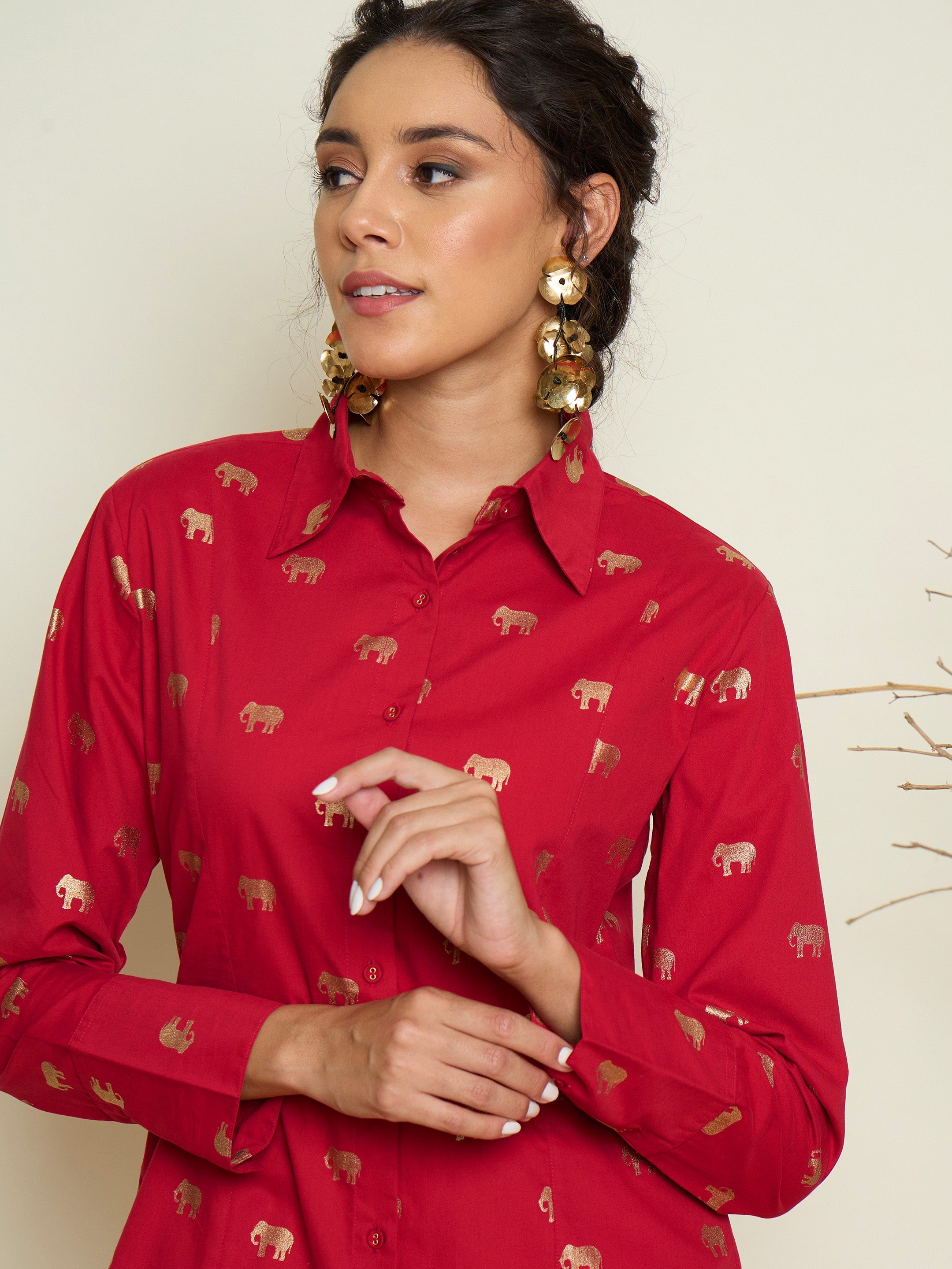 Fuchsia Foil Print Shoulder Padded Slim Fit Poplin Shirt Pink Paprika By SASSAFRAS