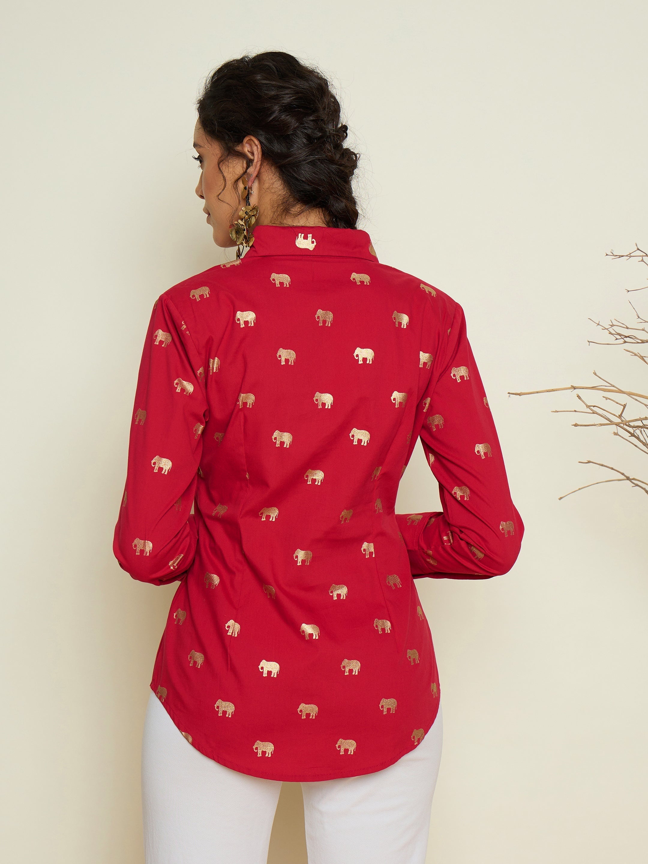 Fuchsia Foil Print Shoulder Padded Slim Fit Poplin Shirt Pink Paprika By SASSAFRAS