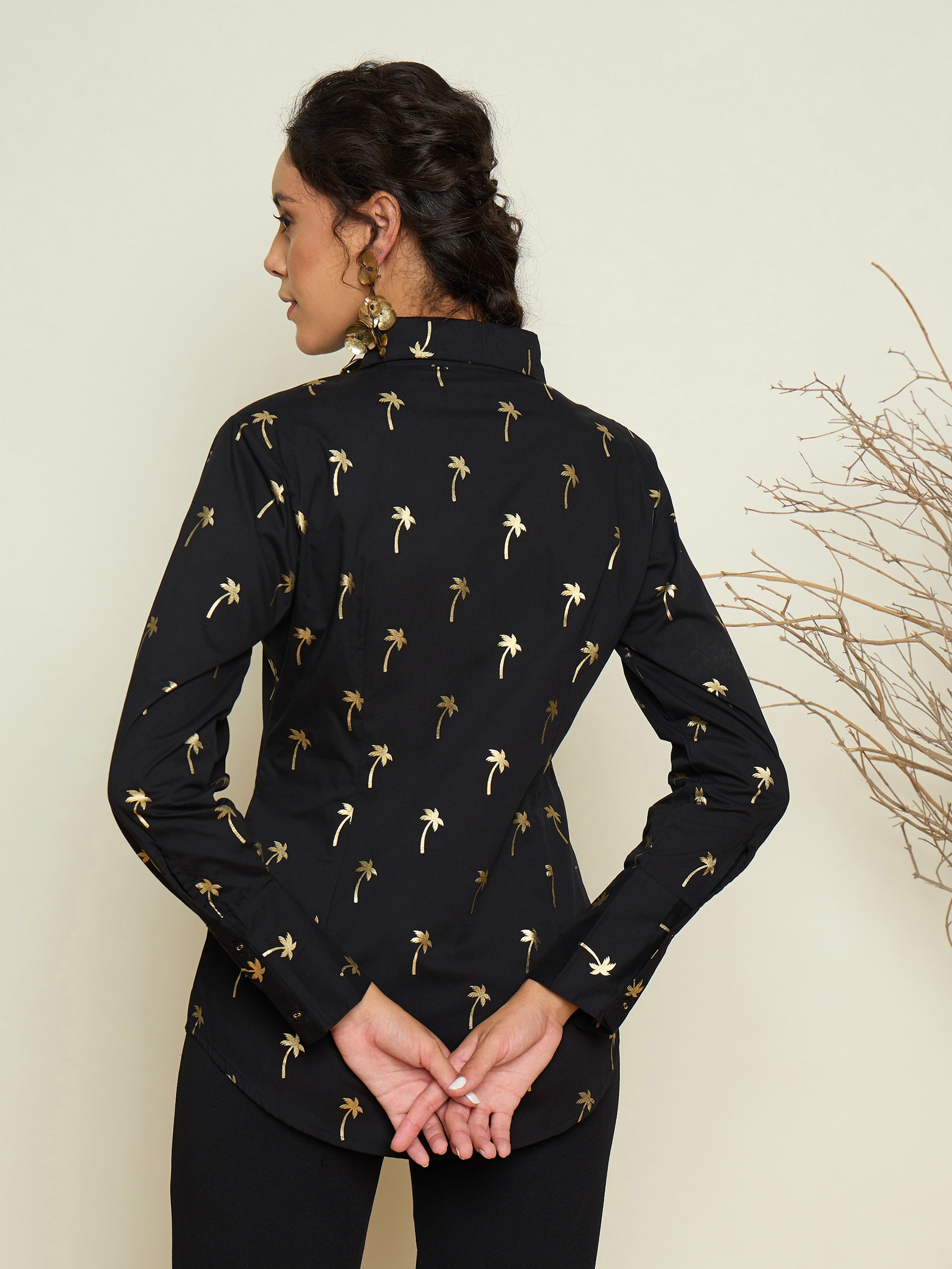 Black Foil Print Shoulder Padded Slim Fit Poplin Shirt Pink Paprika By SASSAFRAS