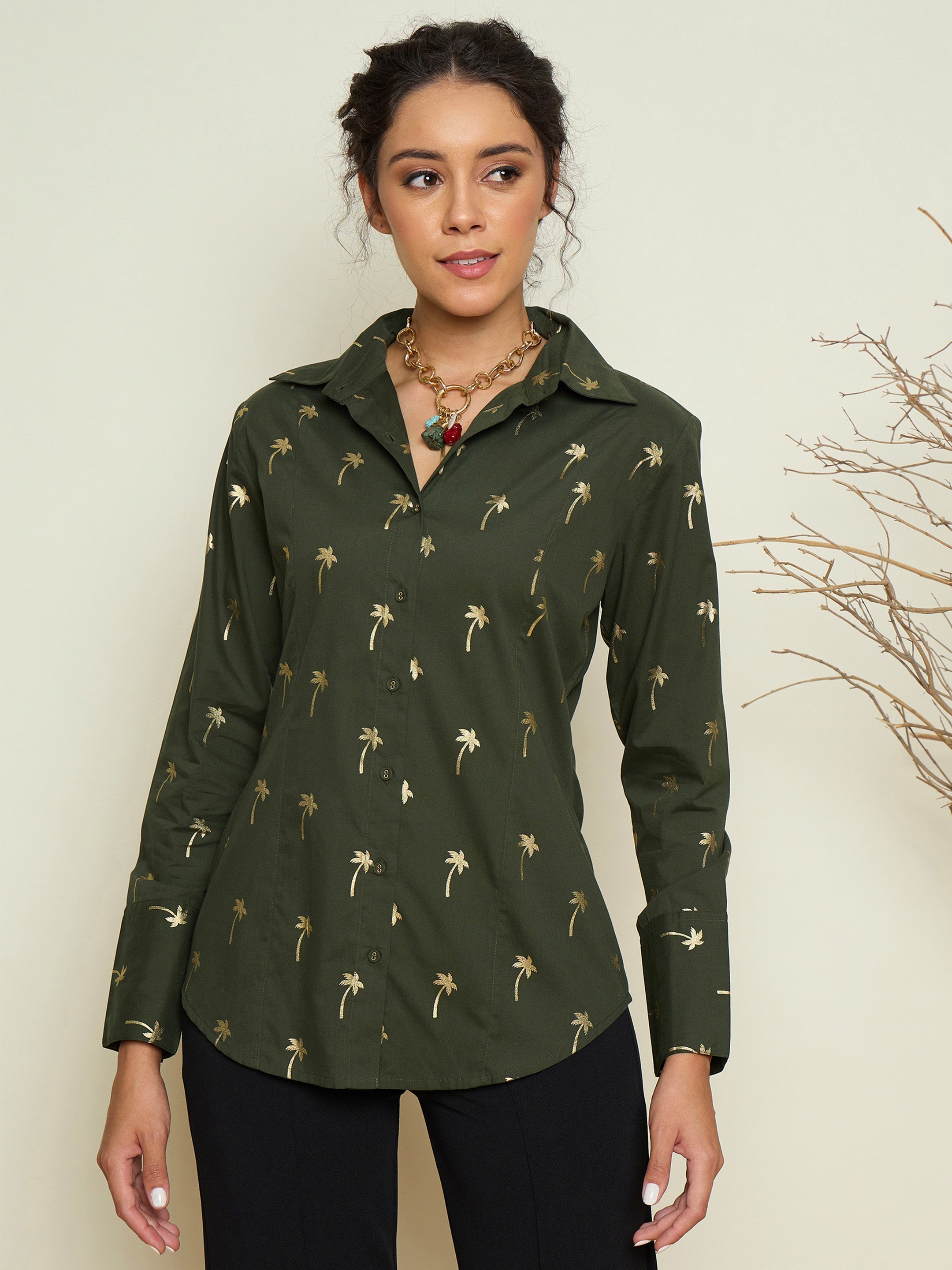 Olive Foil Print Shoulder Padded Slim Fit Poplin Shirt Pink Paprika By SASSAFRAS