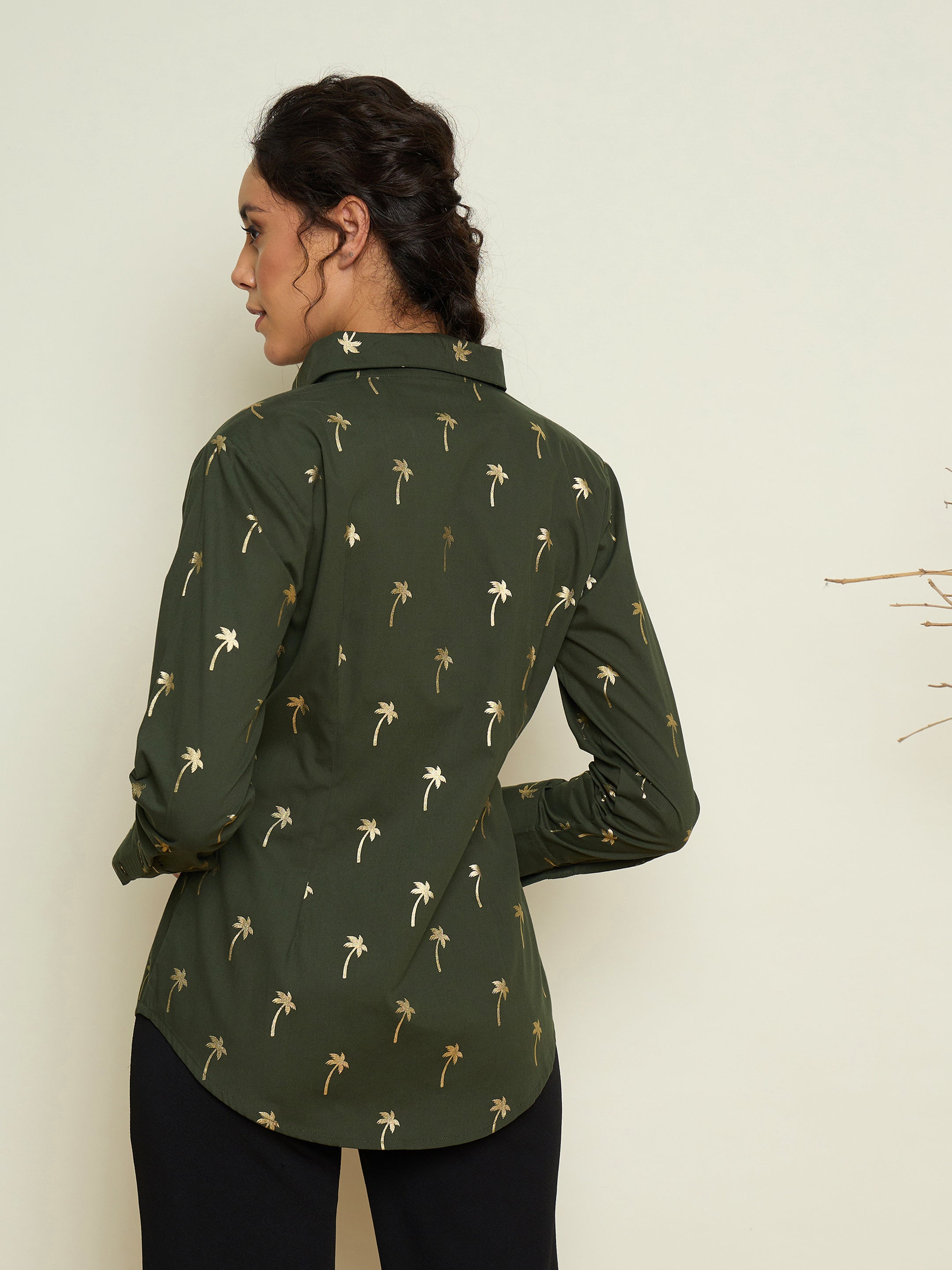 Olive Foil Print Shoulder Padded Slim Fit Poplin Shirt Pink Paprika By SASSAFRAS