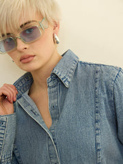 Women Blue Denim Acid Wash Slim Fit Shirt