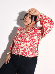 Red Floral Front Frill Regular Shirt SASSAFRAS Curve