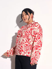 Red Floral Front Frill Regular Shirt SASSAFRAS Curve