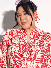 Red Floral Front Frill Regular Shirt SASSAFRAS Curve