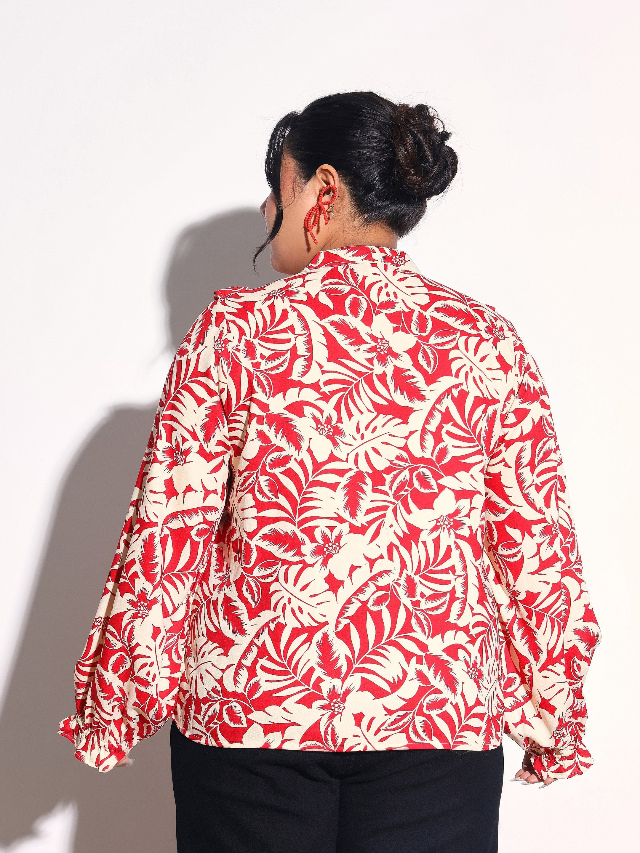 Red Floral Front Frill Regular Shirt SASSAFRAS Curve