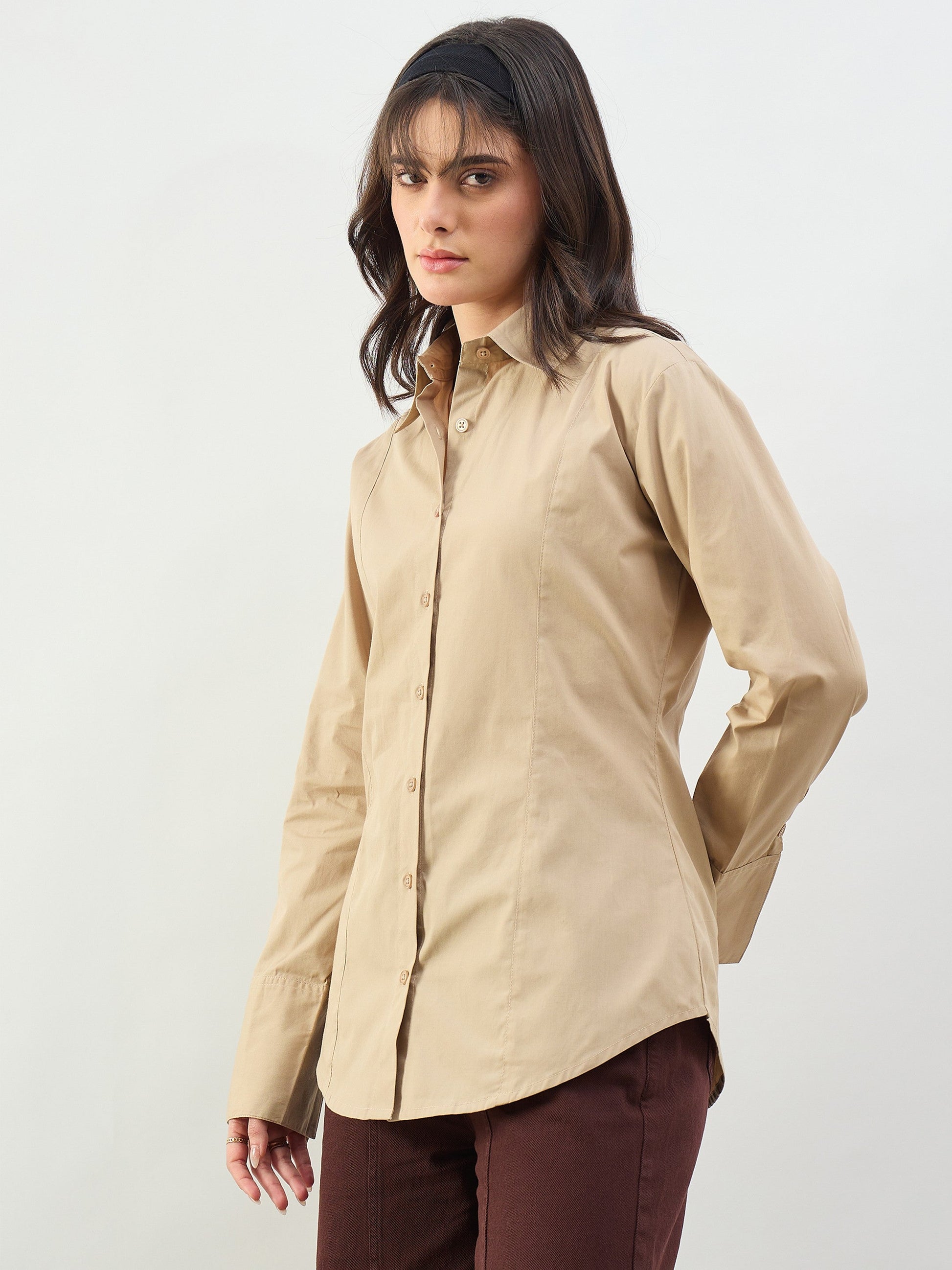 Beige Slim Fit Poplin Shirt SASSAFRAS BASICS