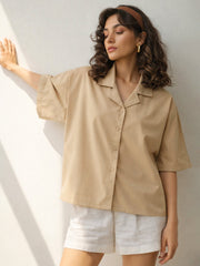 Beige Boxy Fit Poplin Crop Shirt SASSAFRAS BASICS