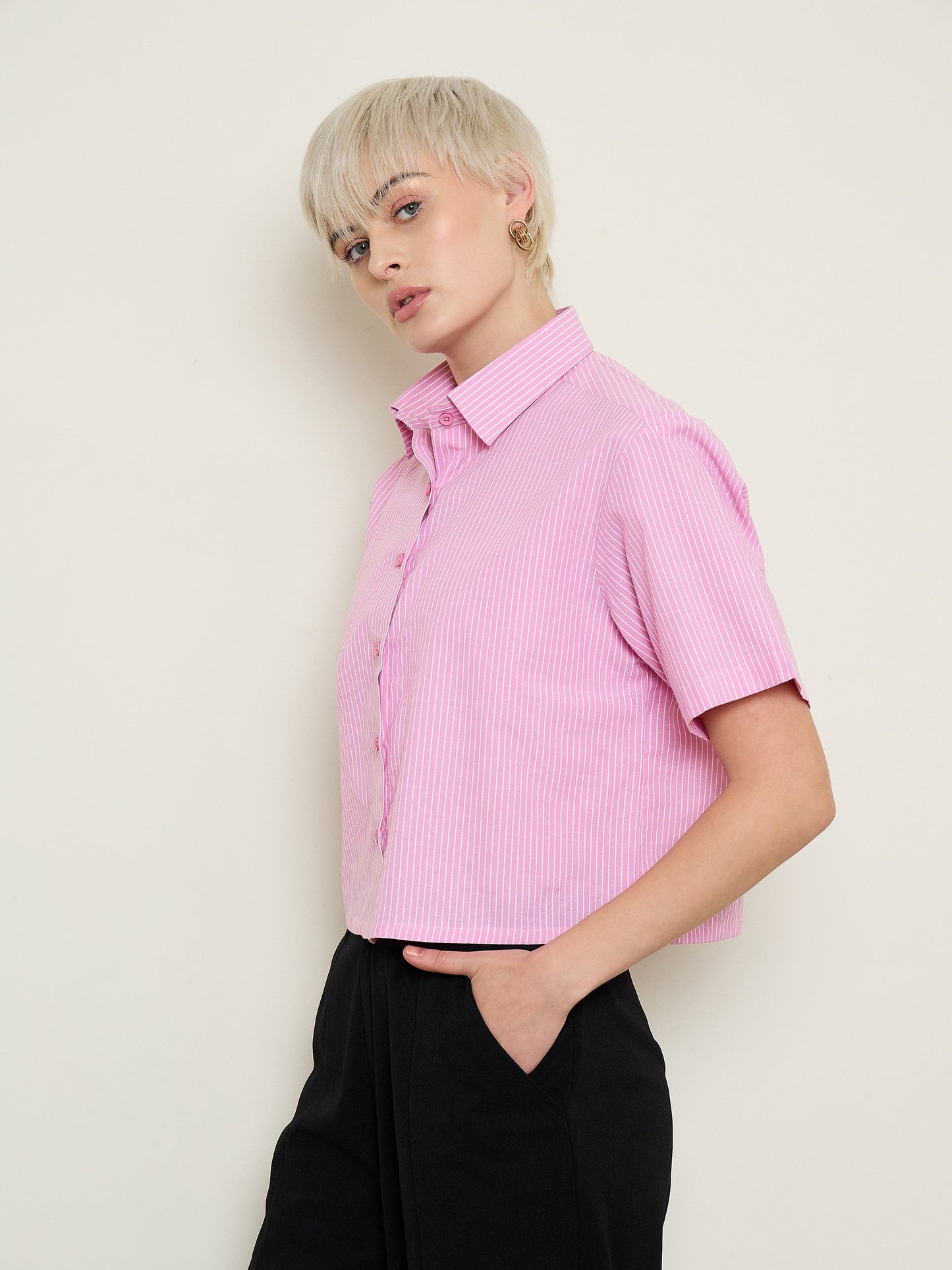 Women Pink Stripes Crop Shirt
