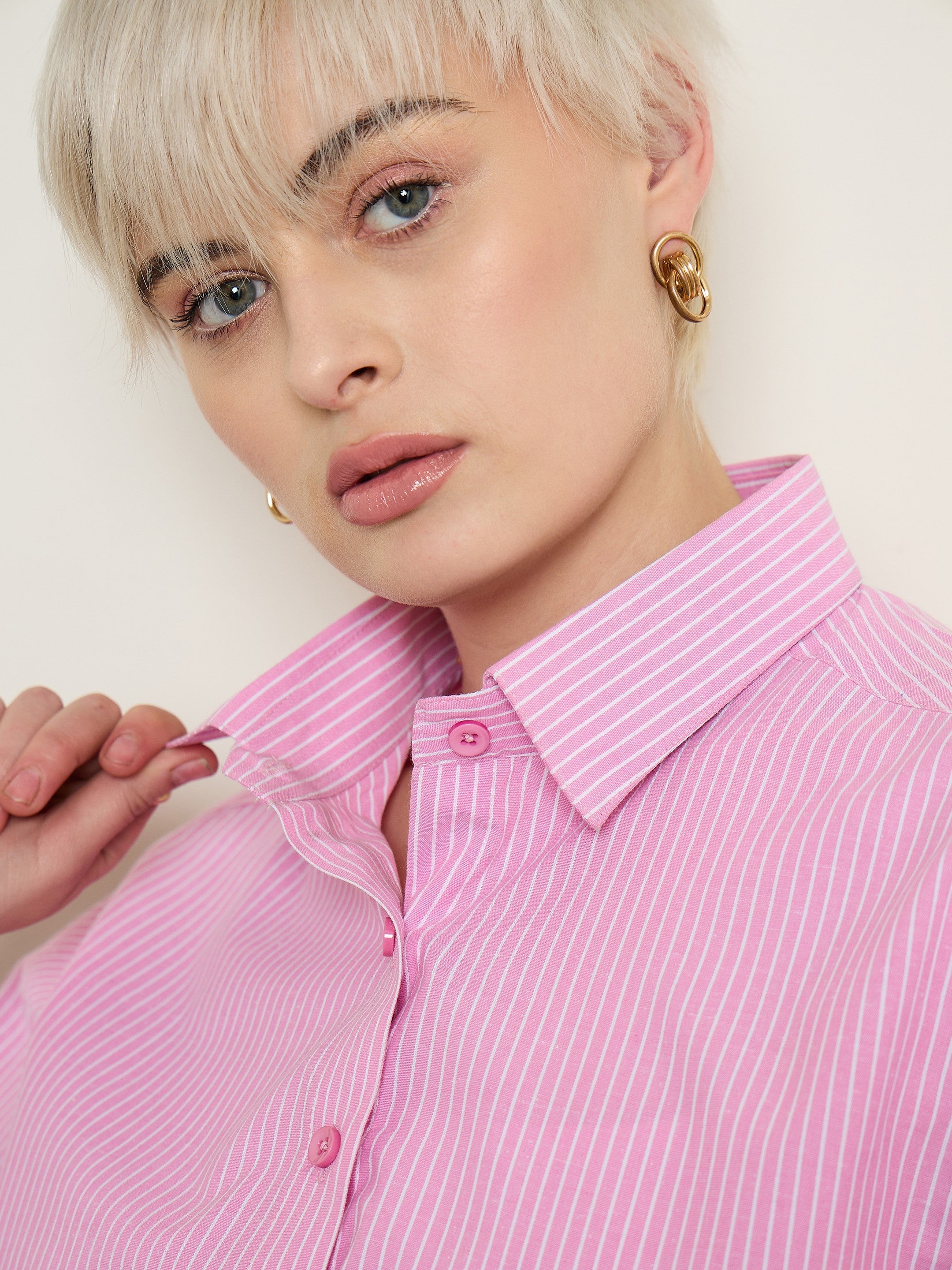 Women Pink Stripes Crop Shirt