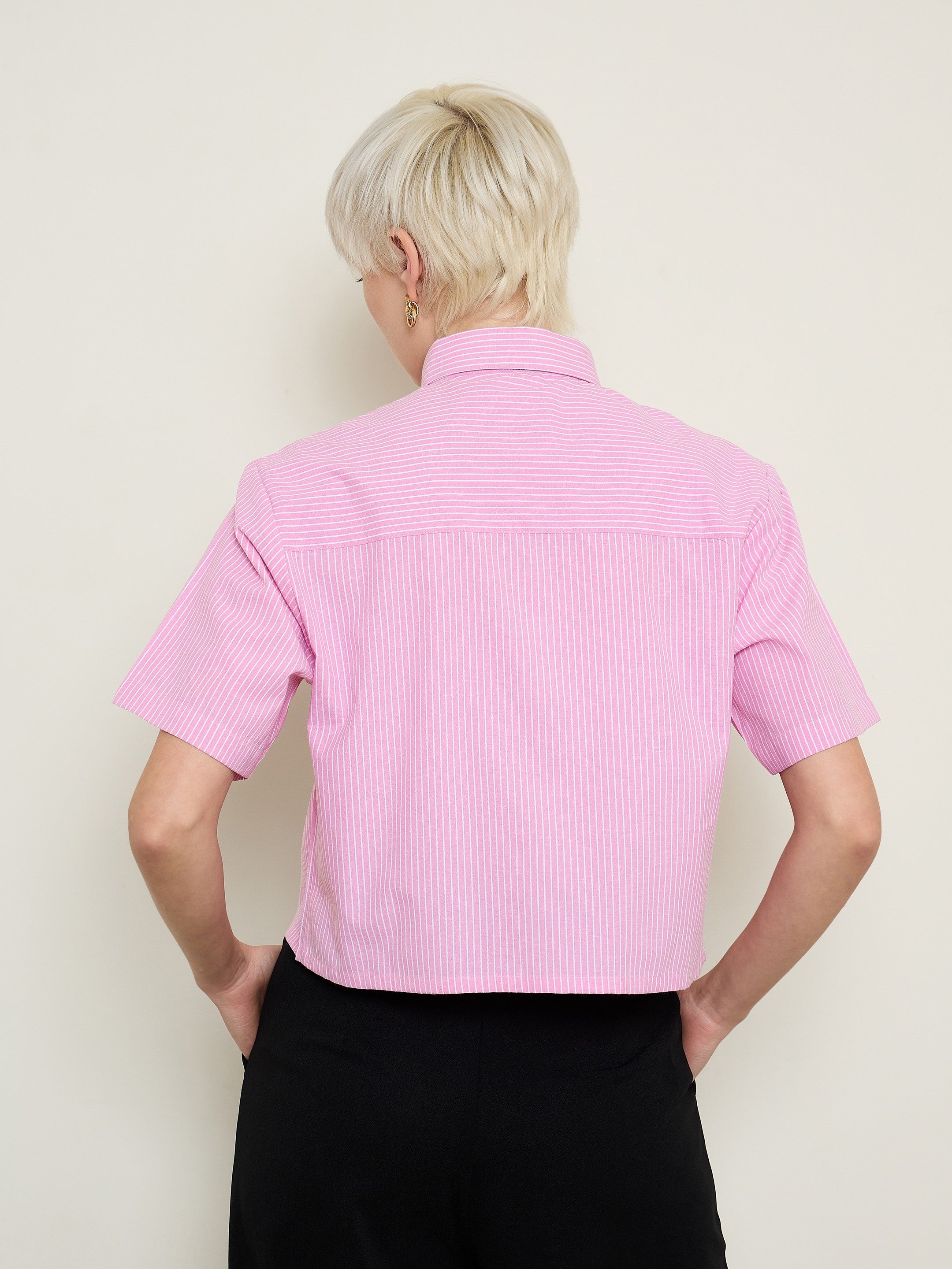 Women Pink Stripes Crop Shirt