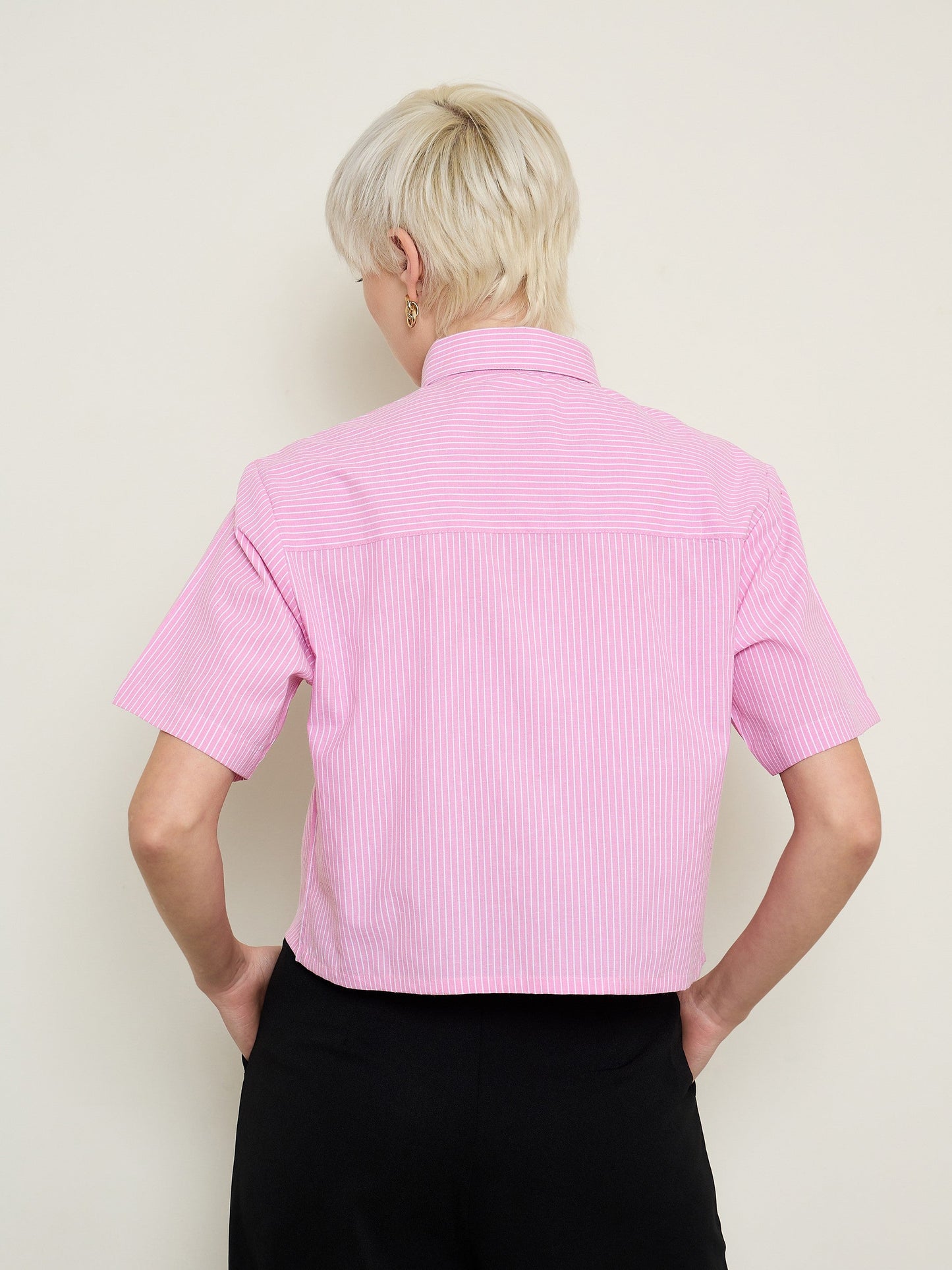 Women Pink Stripes Crop Shirt