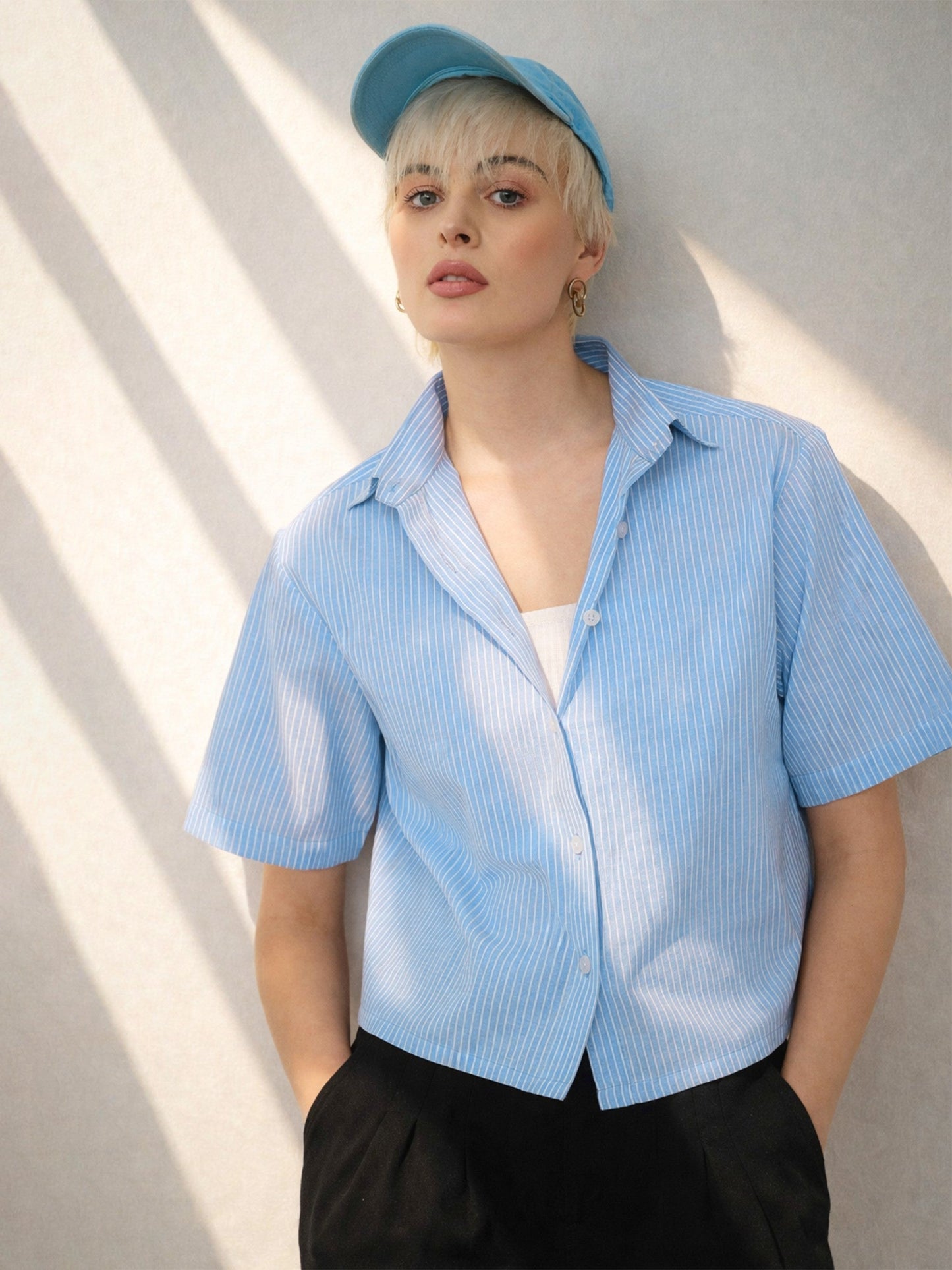 Women Blue Stripes Crop Shirt