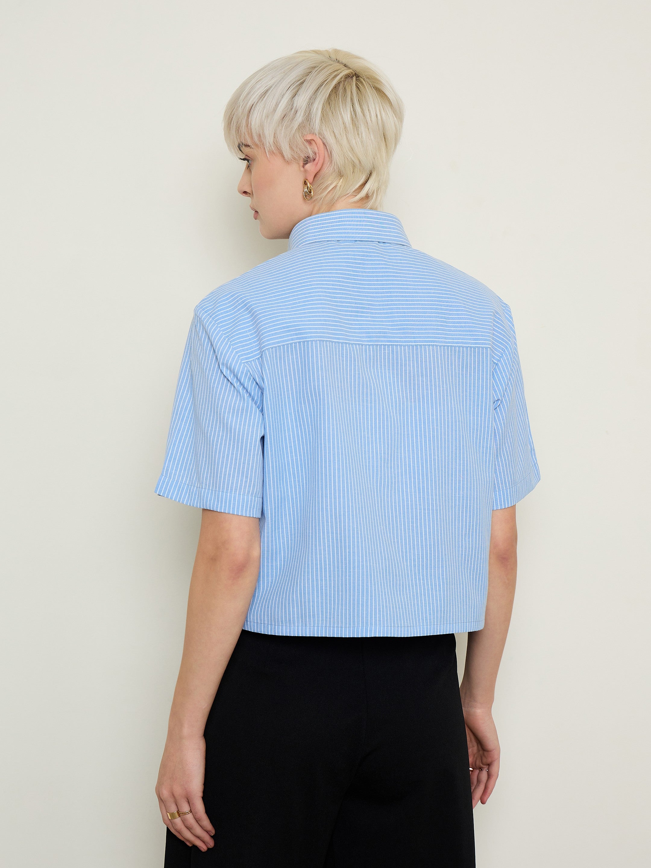 Women Blue Stripes Crop Shirt