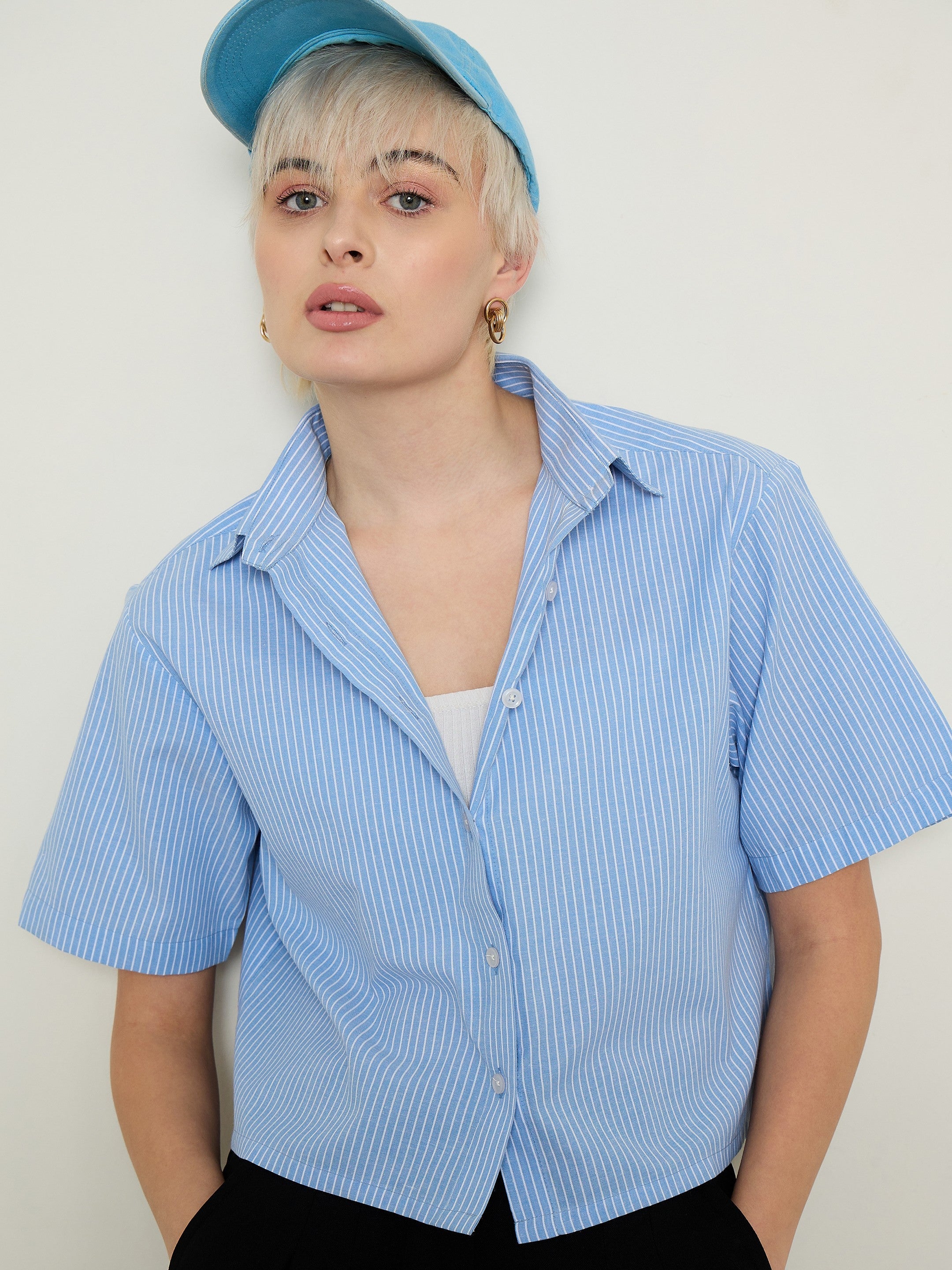 Women Blue Stripes Crop Shirt