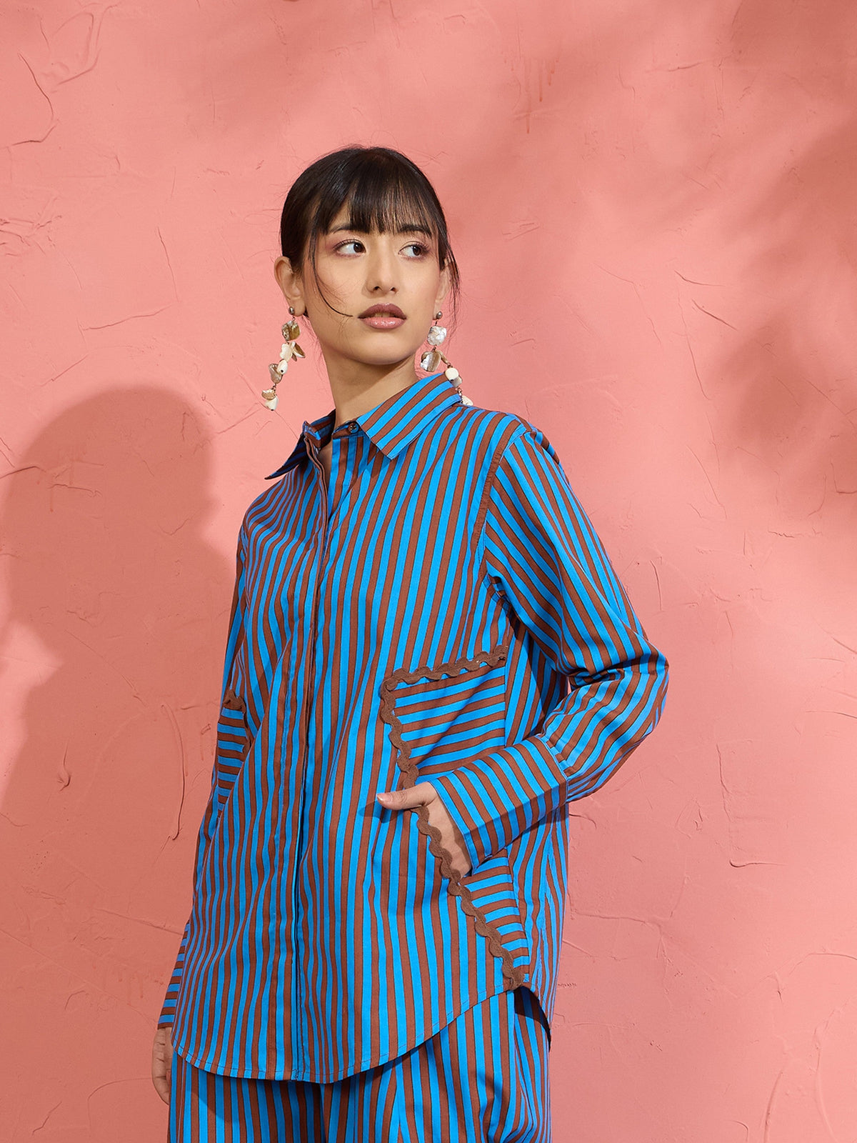 Blue & Brown Stripe Ric Rac Regular Shirt Pink Paprika by SASSAFRAS