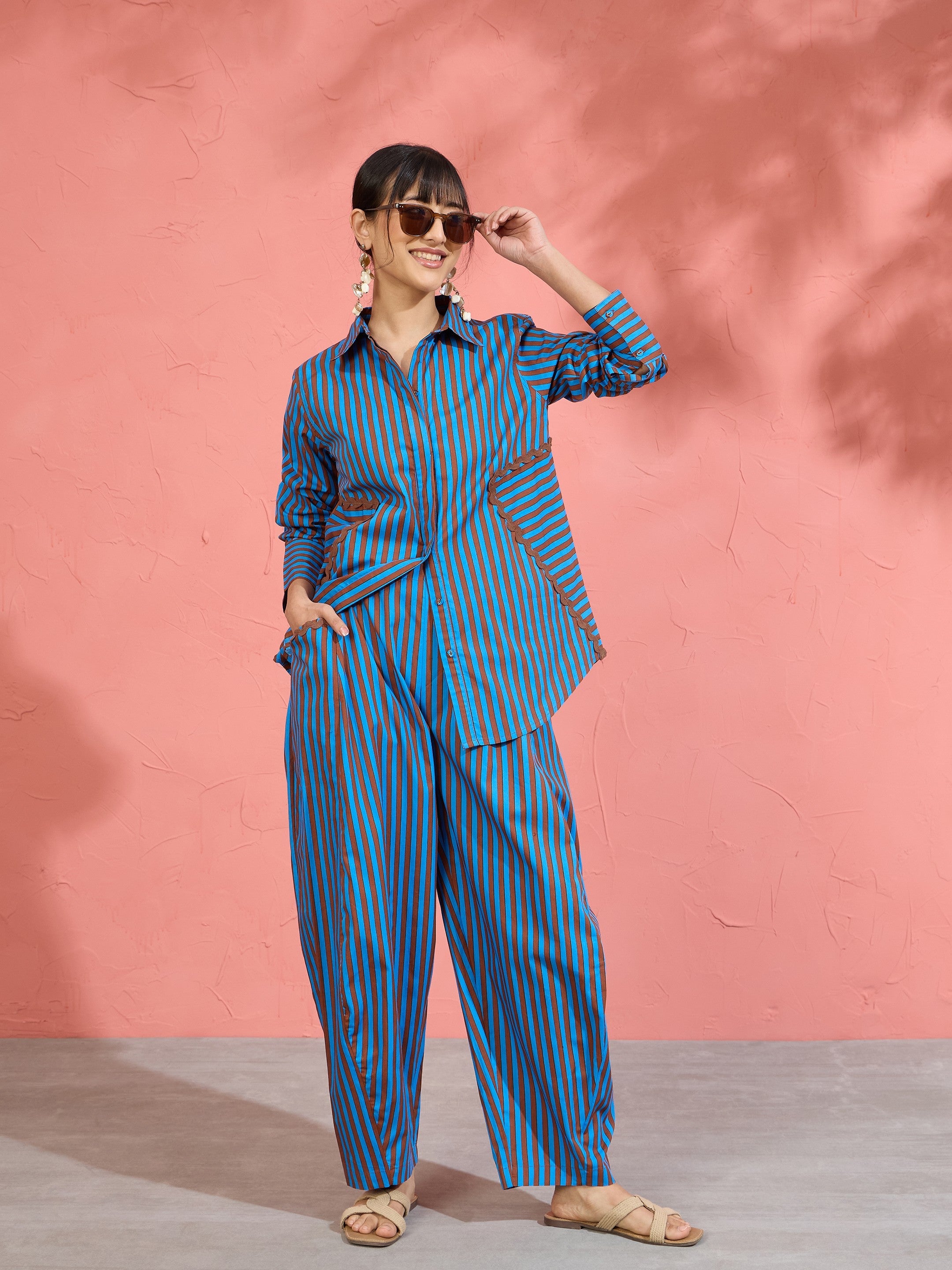 Blue & Brown Stripe Ric Rac Regular Shirt Pink Paprika by SASSAFRAS