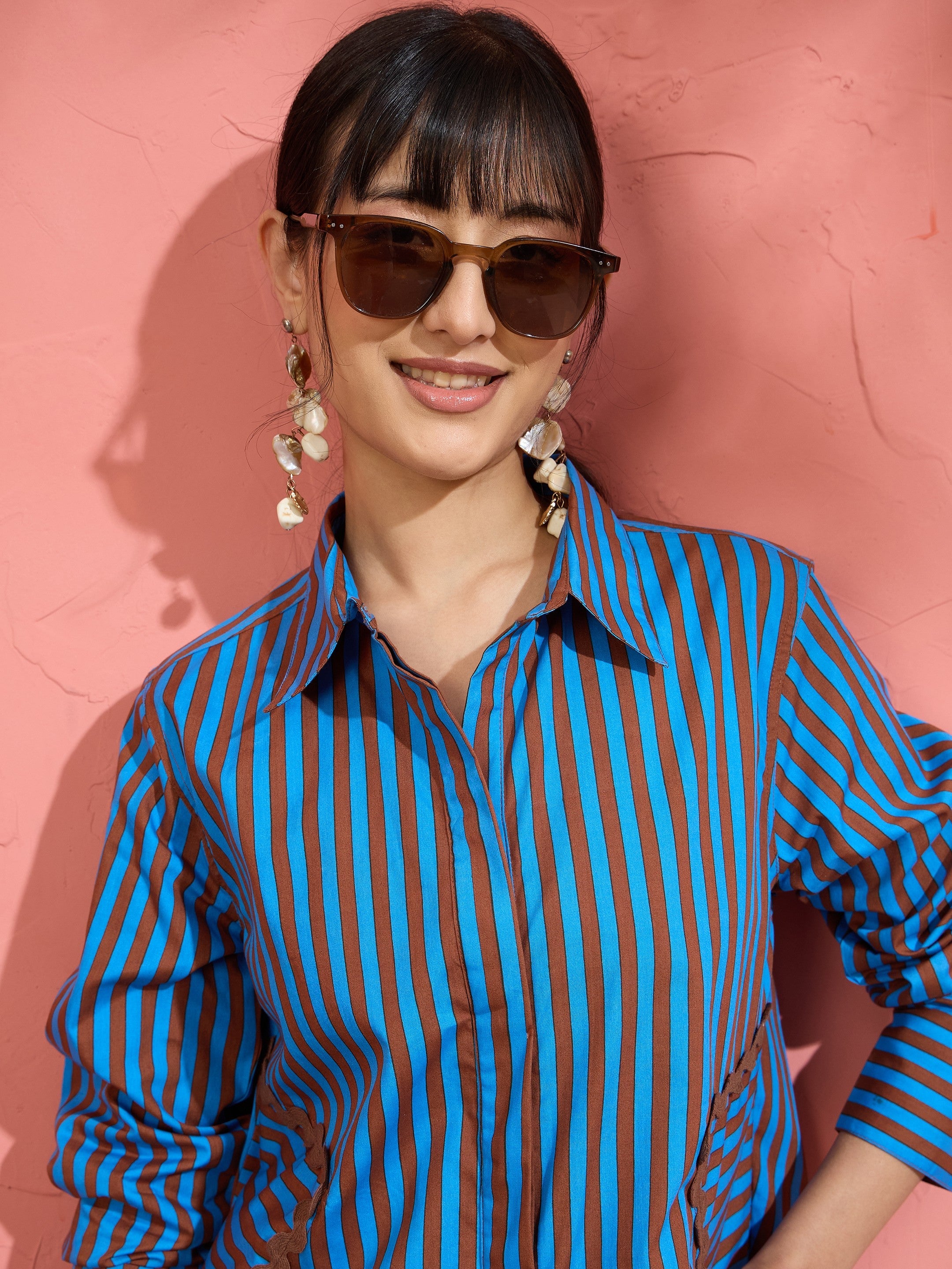 Blue & Brown Stripe Ric Rac Regular Shirt Pink Paprika by SASSAFRAS