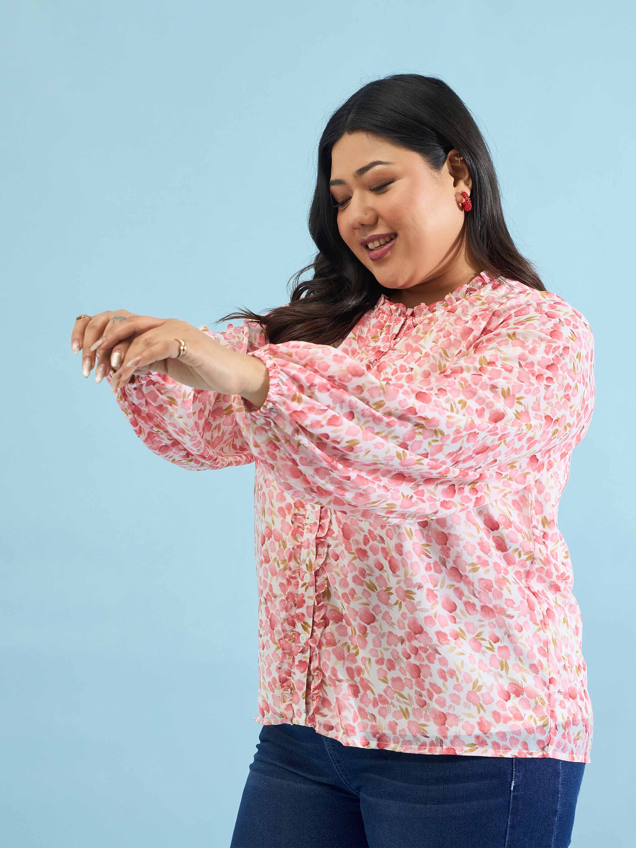 Women Pink Floral Ruffle Neck Regular Shirt