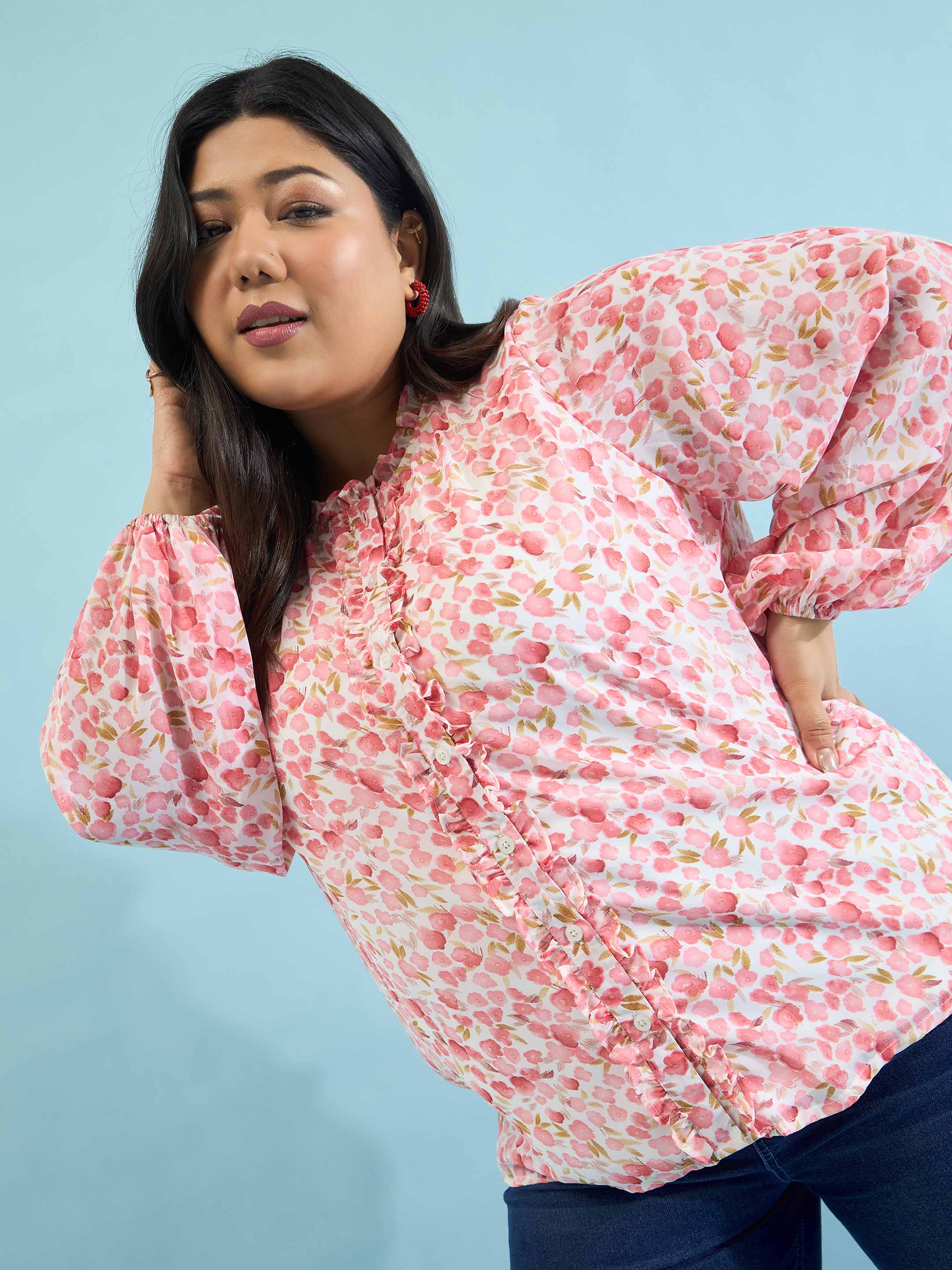 Women Pink Floral Ruffle Neck Regular Shirt